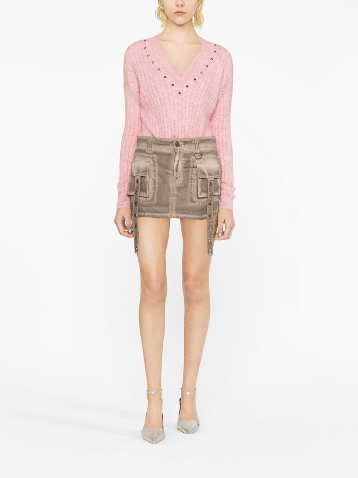 Shop Alessandra Rich Embellished Ribbed Jumper In Nude & Neutrals