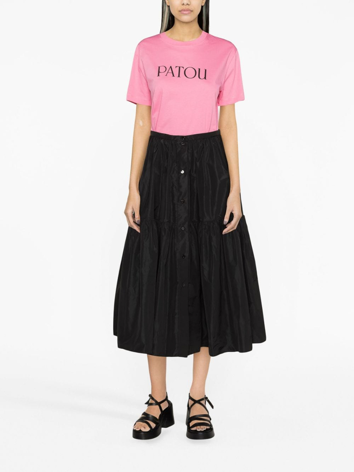 Shop Patou Tiered Midi Skirt In Black