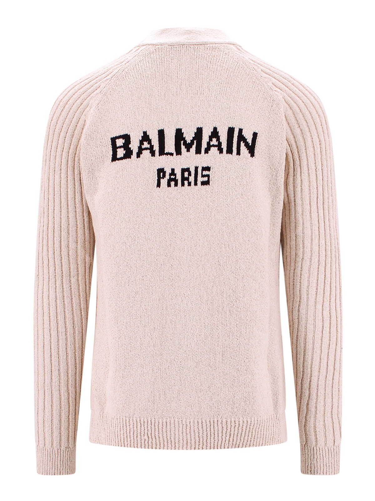Shop Balmain Cotton Blend Cardigan With Back Logo In Beige
