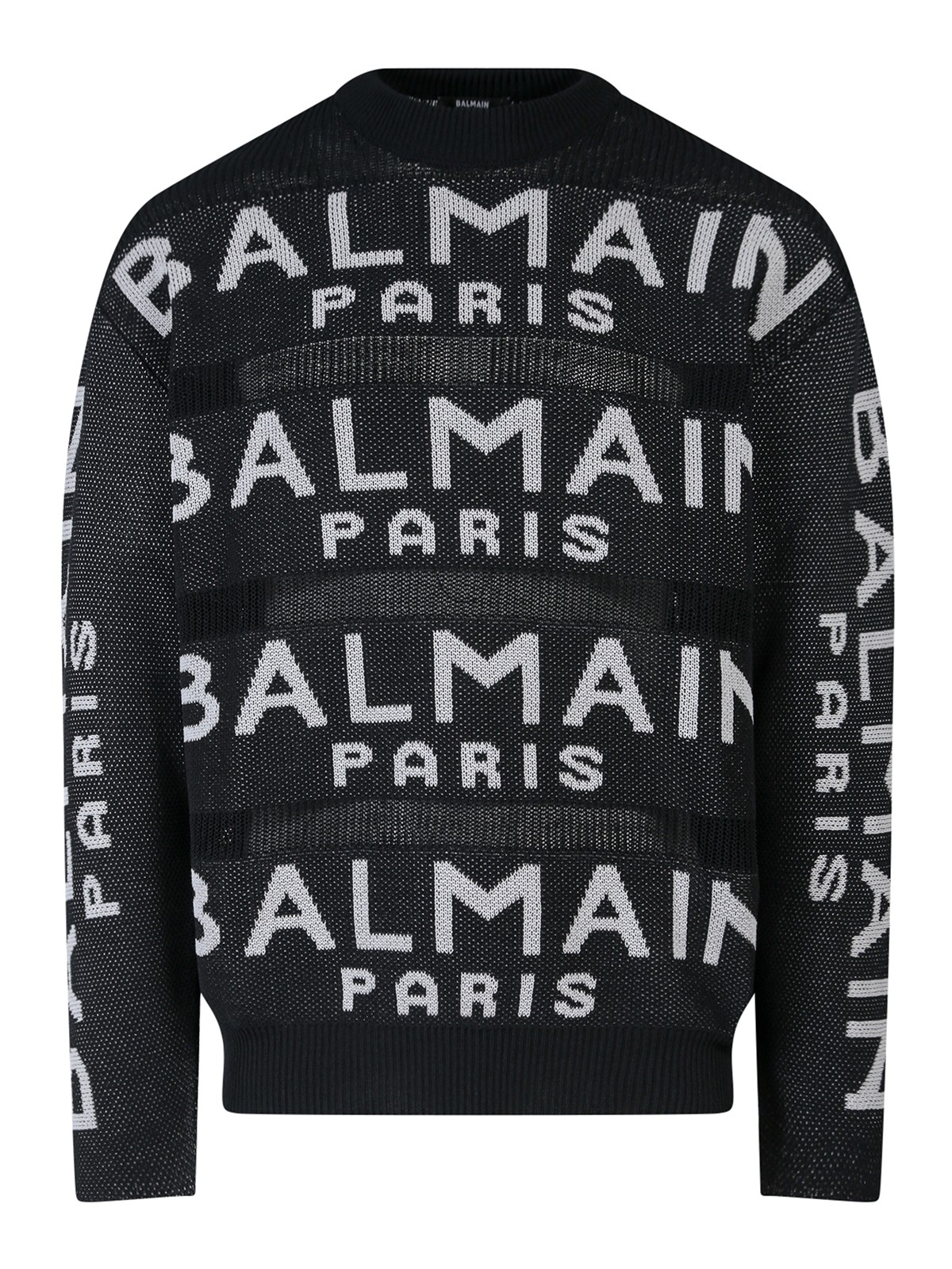 Shop Balmain Cotton Blend Sweater With  Paris Logo In Black