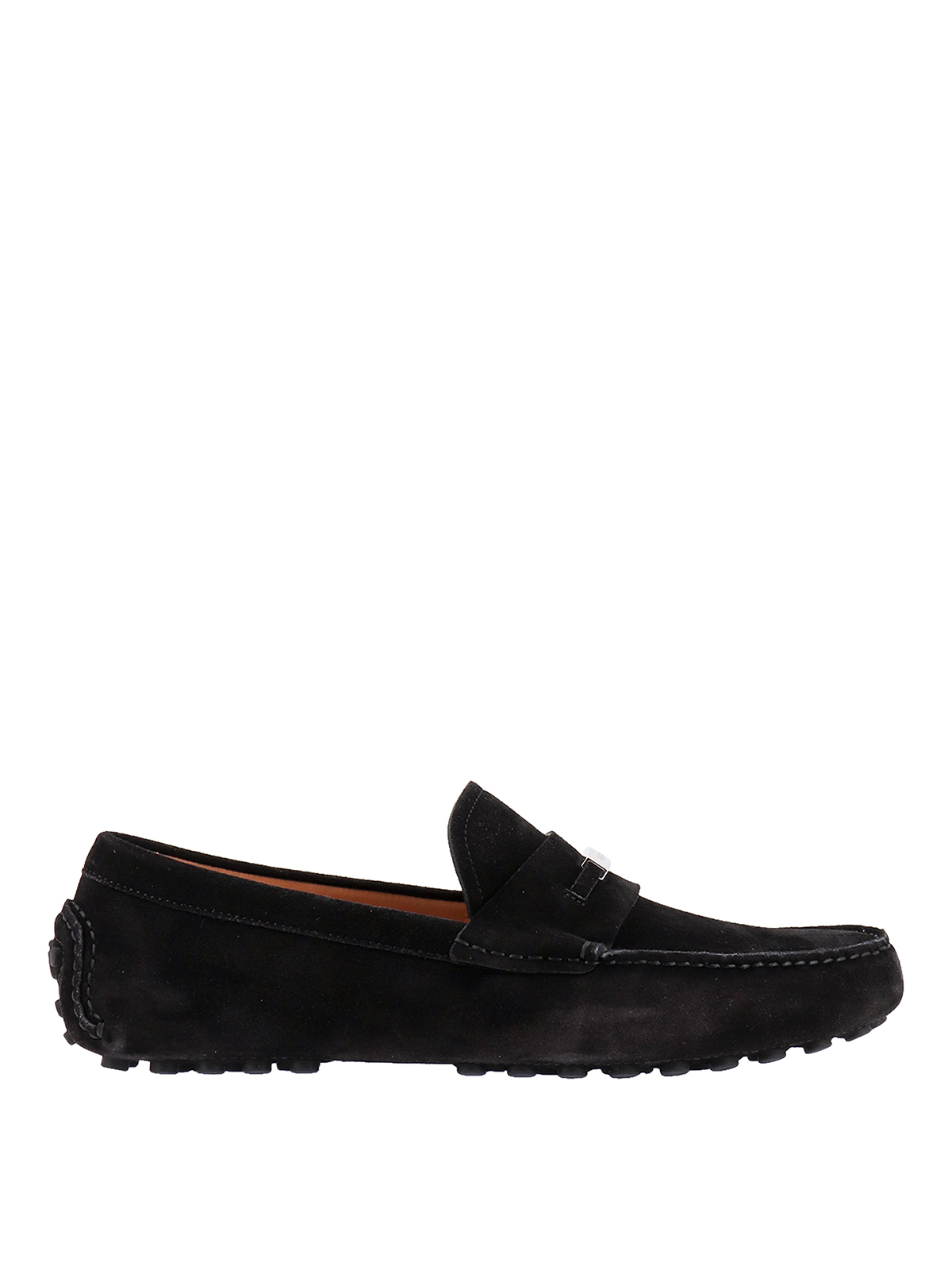 Ferragamo Suede Loafers With Metal Logo Detail In Black