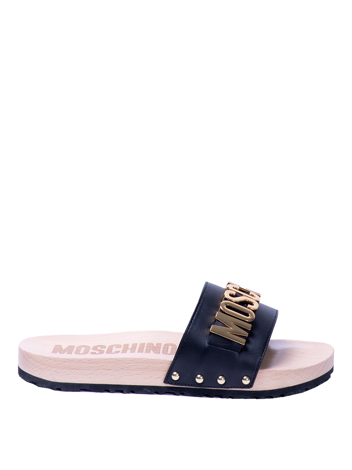 Shop Moschino Metallic Letters Sandals In Black
