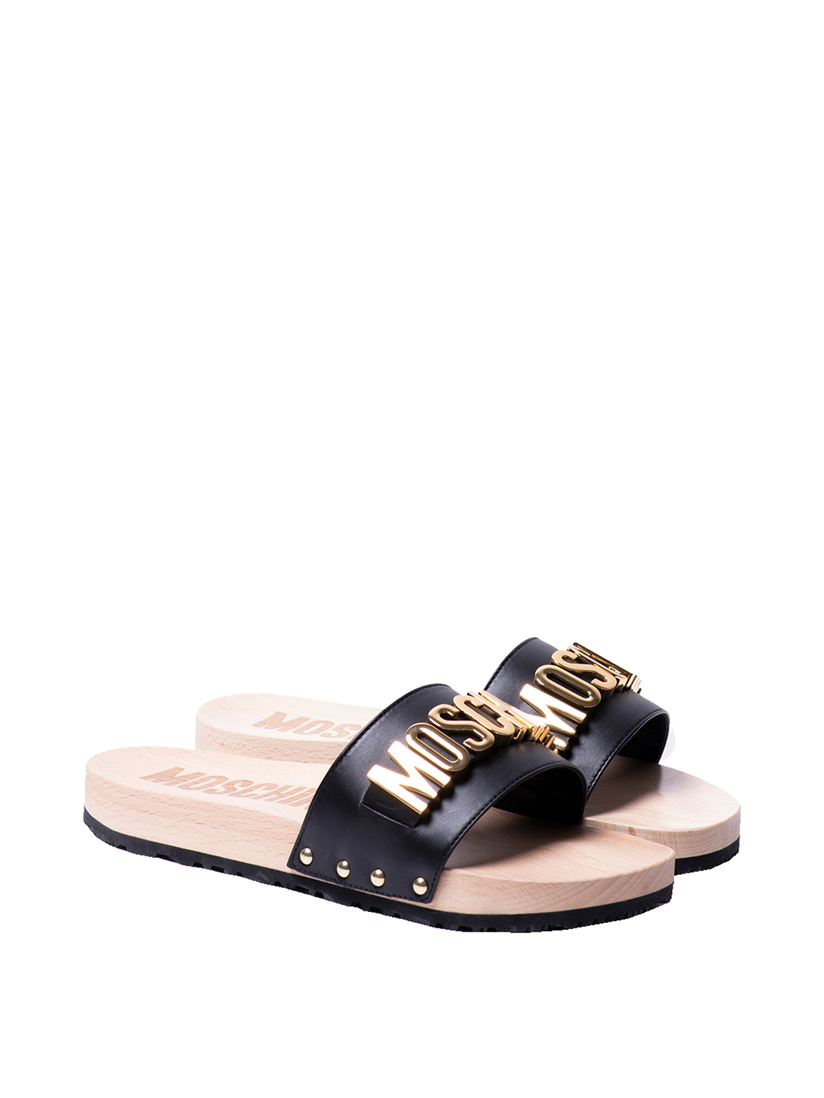 Shop Moschino Metallic Letters Sandals In Black