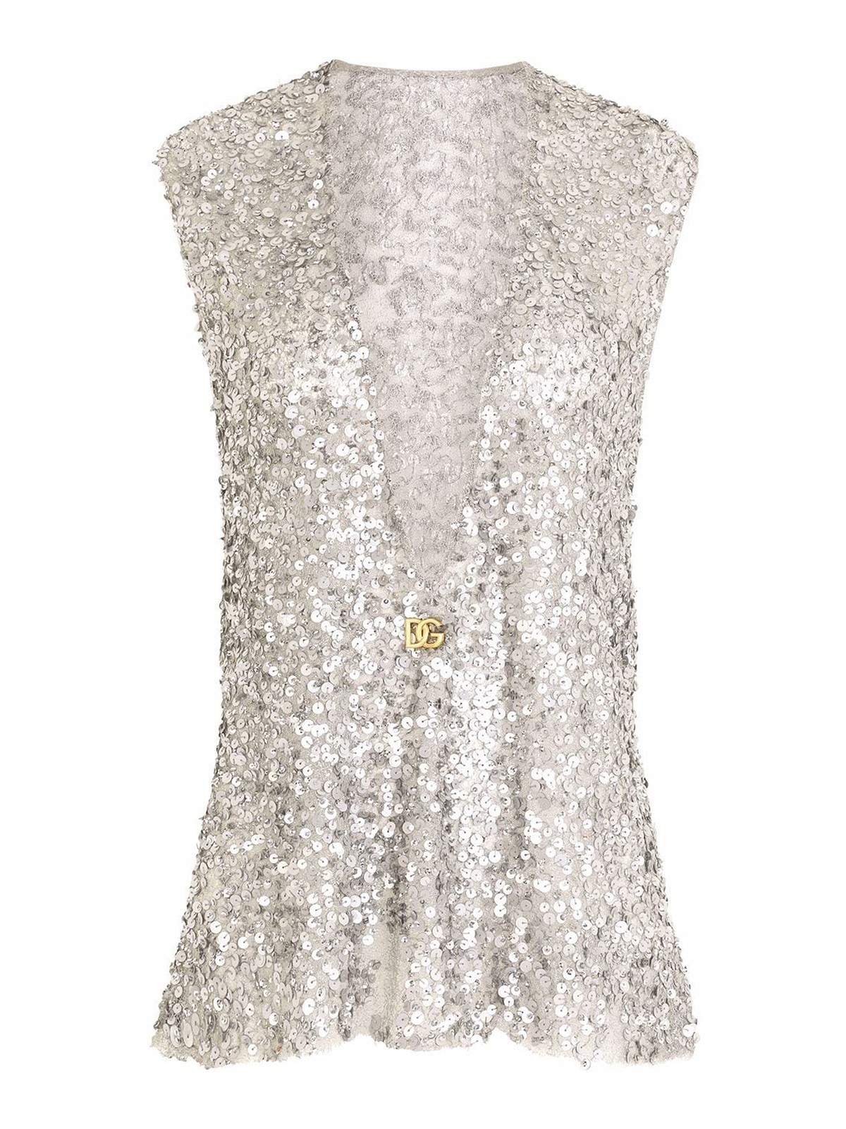 Shop Dolce & Gabbana Silver-tone Sequins Plunge Neck Top