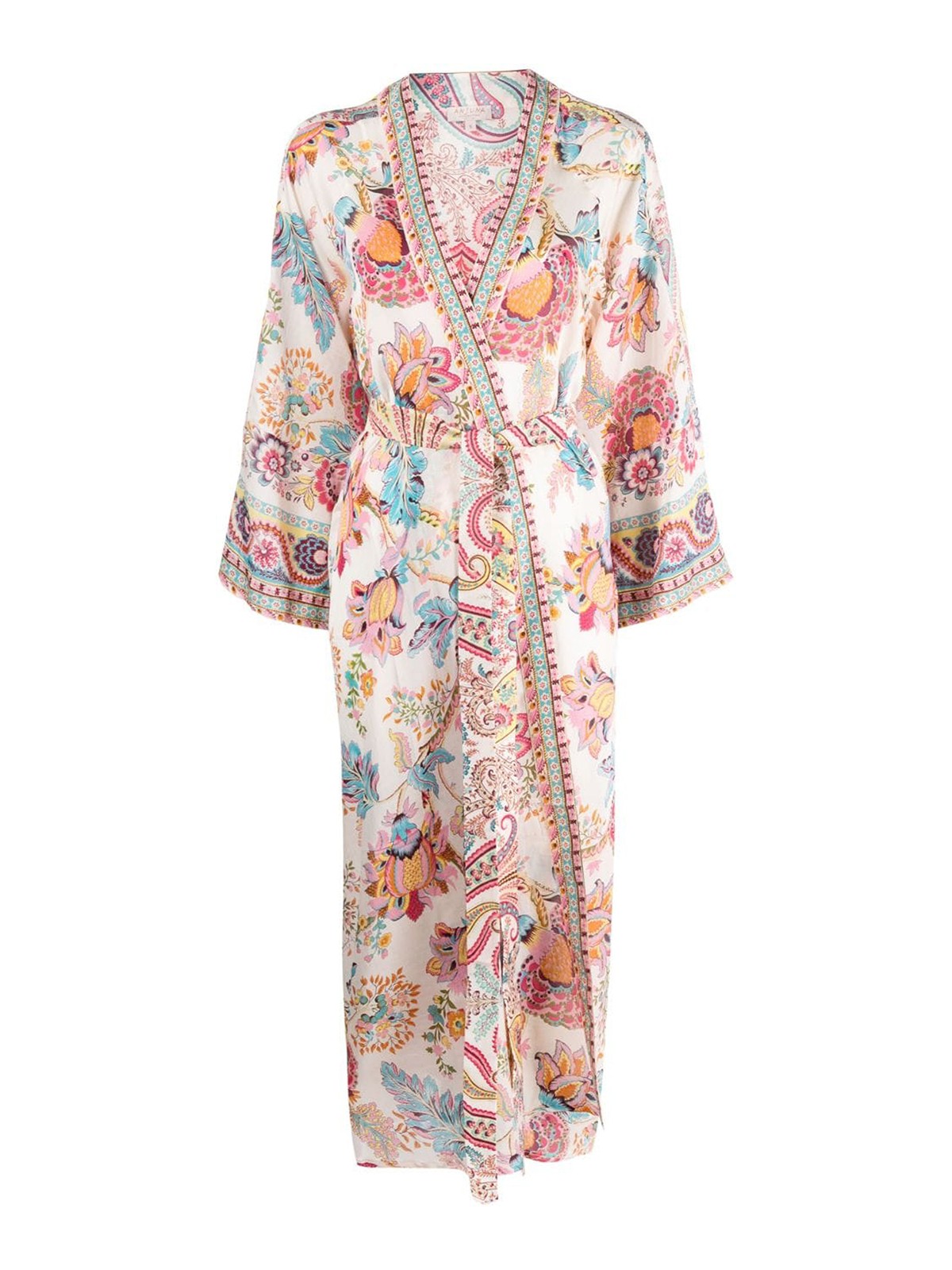 Shop Anjuna Printed Satin Belted Kimono In Multicolour