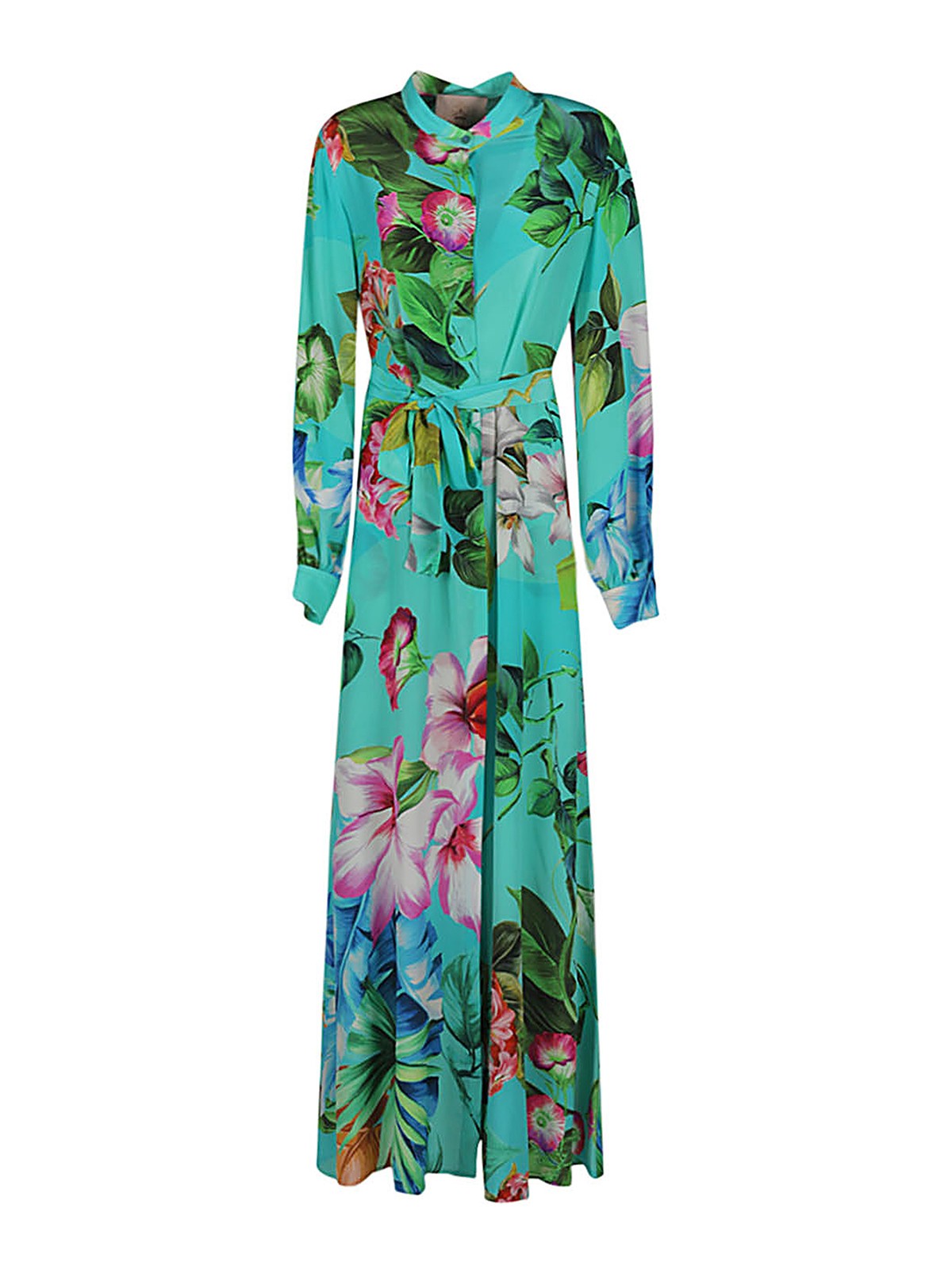 Shop Kitagi® Floral Print Silk Crepe Long Dress In Blue
