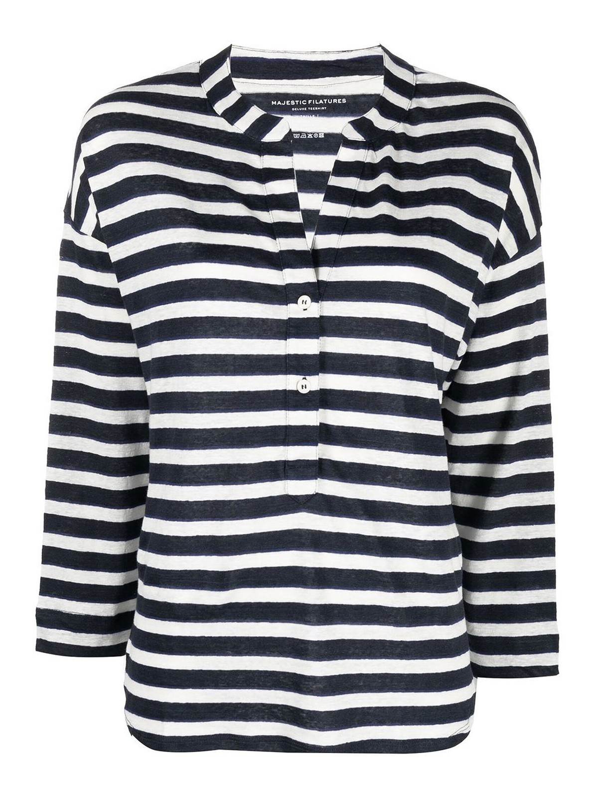 Majestic Linen Striped Long Sleeve Polo T-shirt In Blue