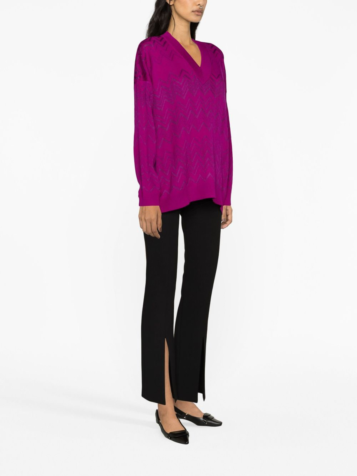Shop Missoni V-neck Chevron Wool Blend Sweater In Purple