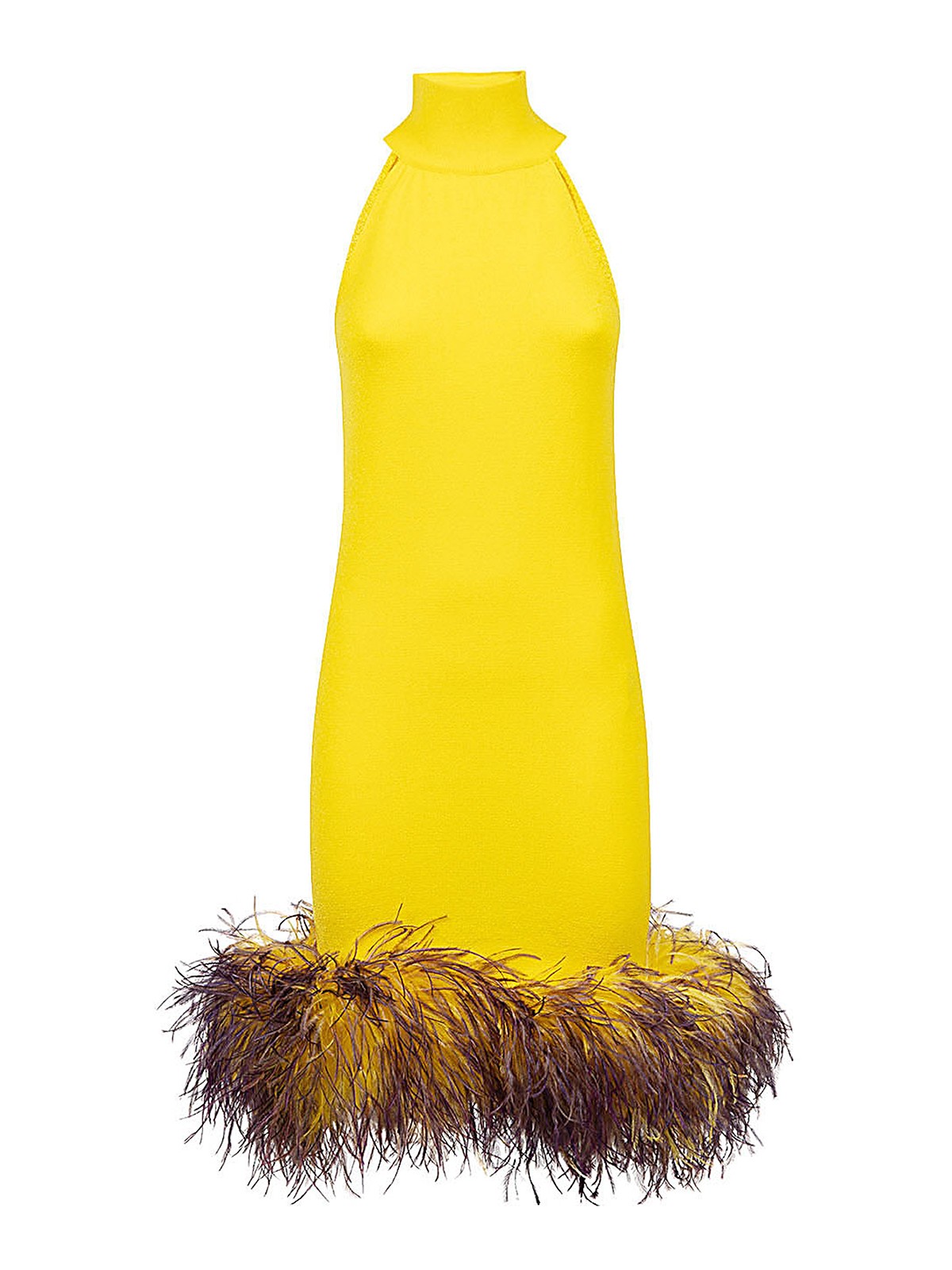 Shop Verguenza Open Back Short Dress With Feathers In Yellow