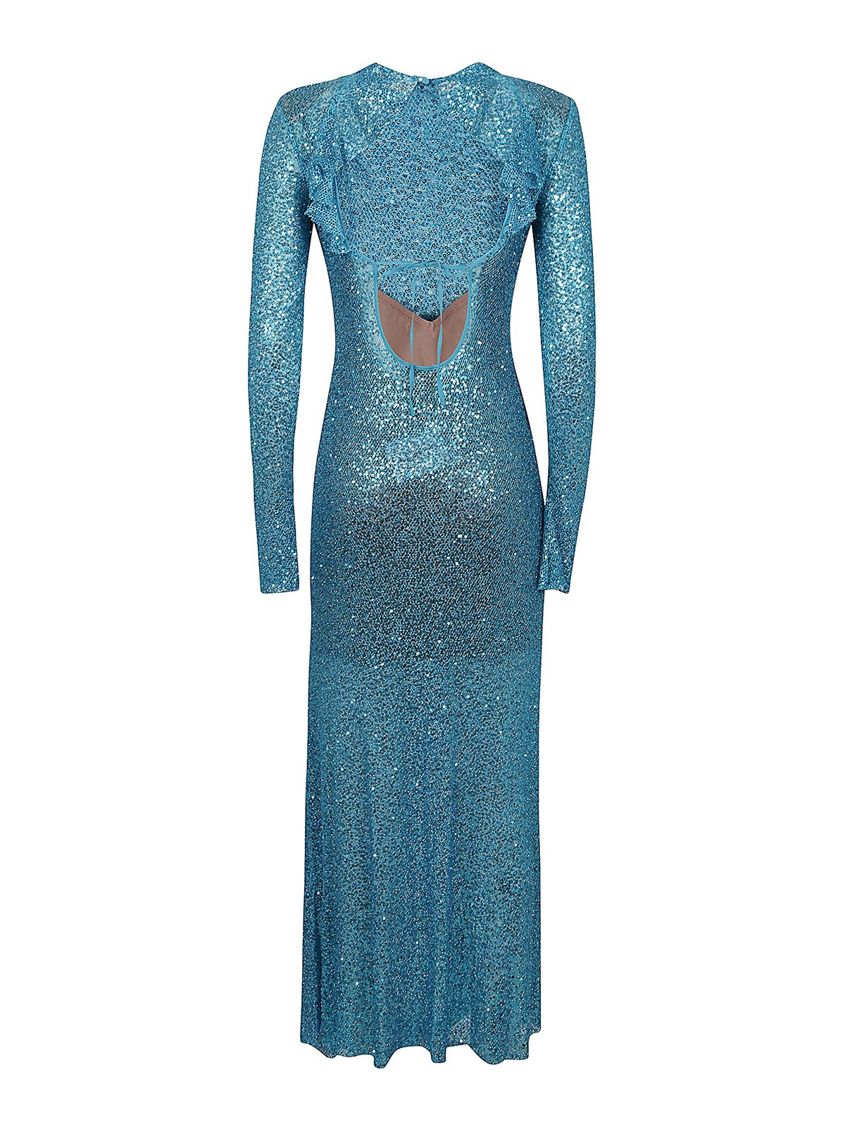 chinese dress ladies Blue Sparkle Stretch Satin Beaded Long Dress With Lace-Up Open Back | main image 1