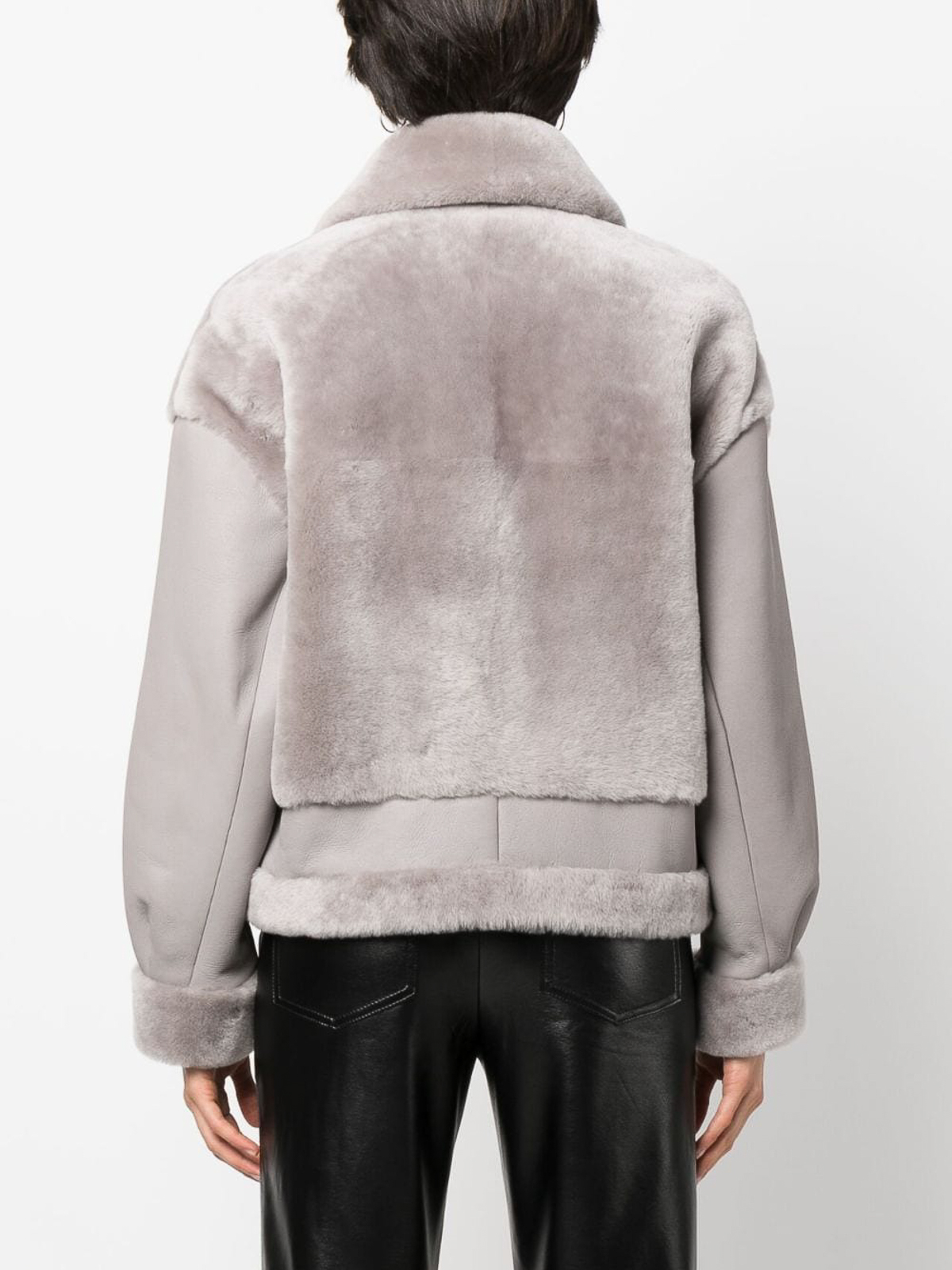 Cropped Leather And Shearling Jacket in Grey - Blancha