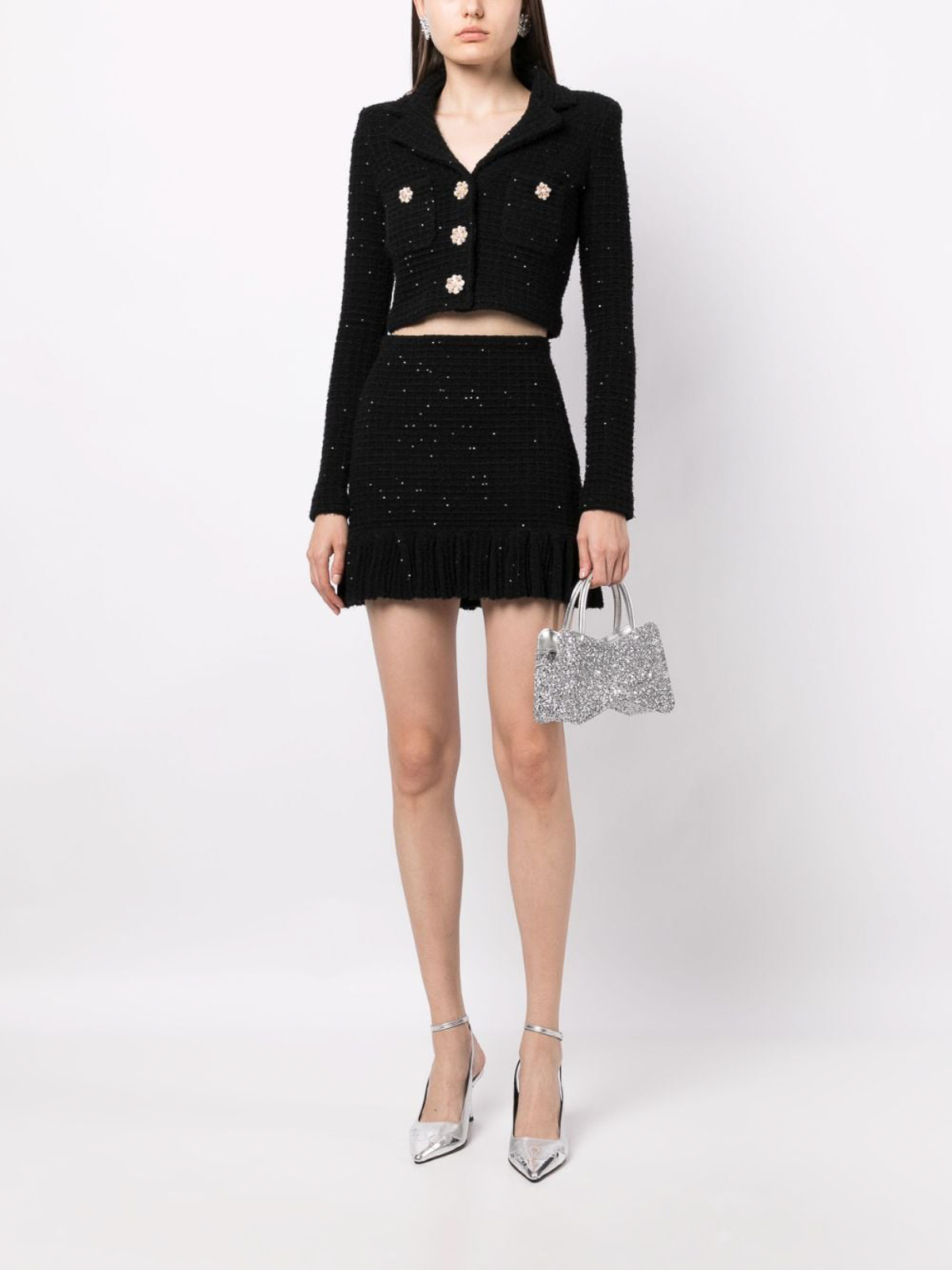 Shop Self-portrait Sequin Textured Knit Skirt In Black