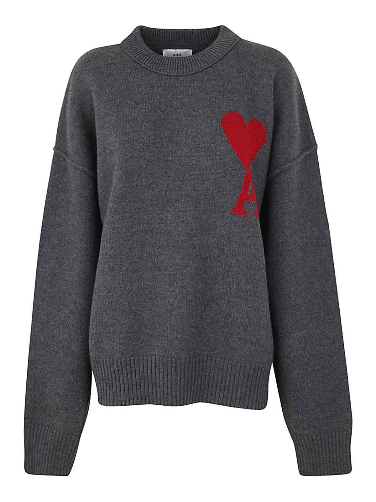 Ami Alexandre Mattiussi Red Adc Wool Crewneck Sweater In Grey