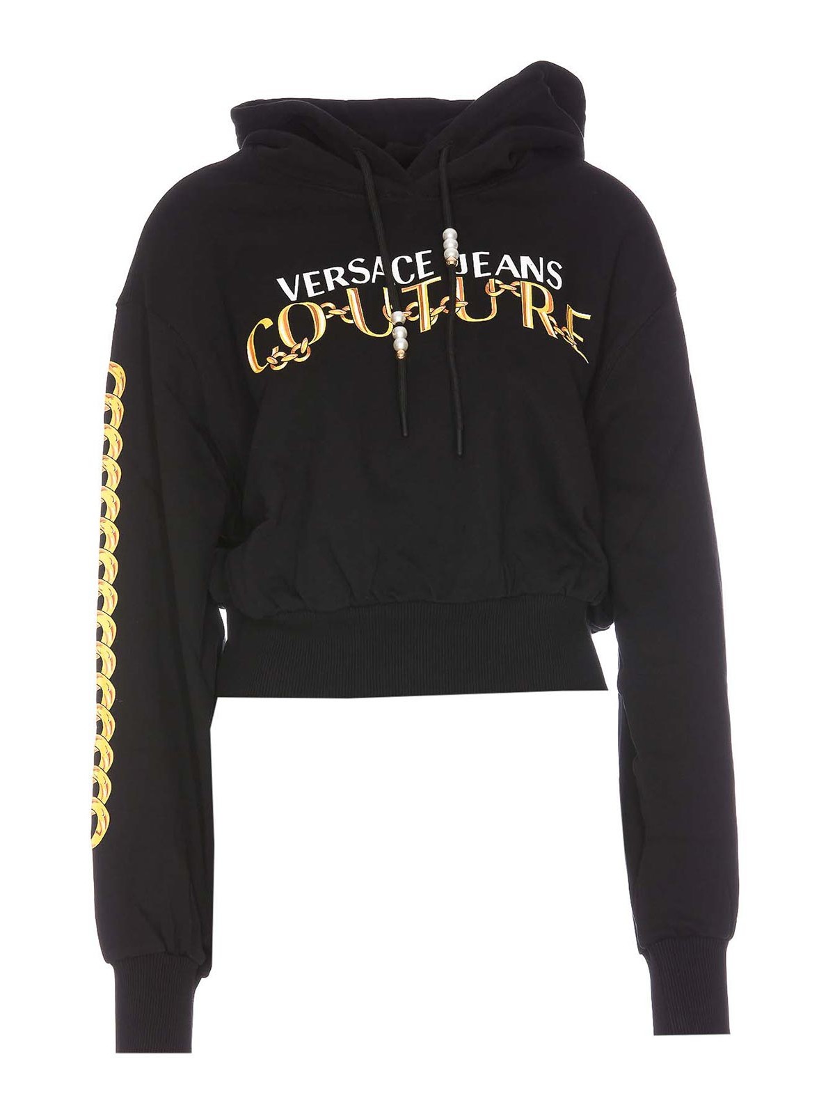 Versace Jeans Couture Logo Chain Print Cropped Hoodie In Black