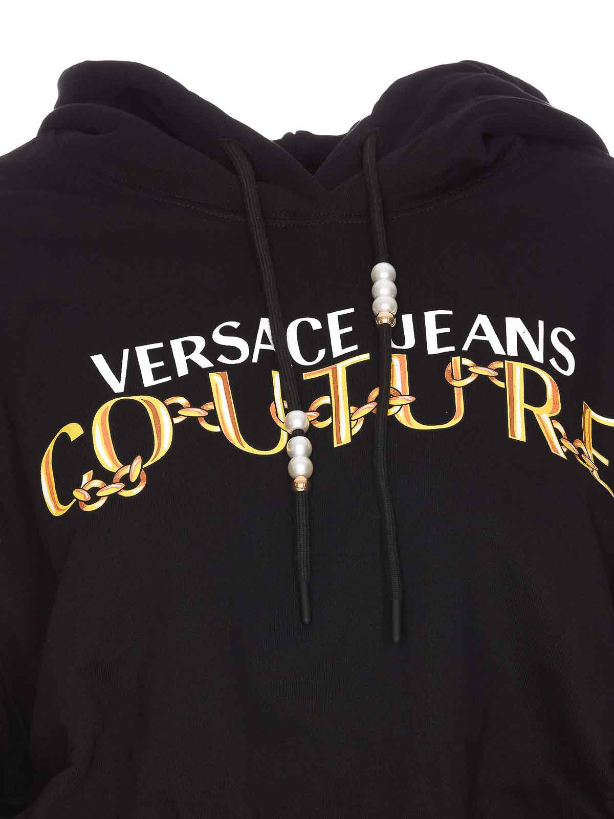 Shop Versace Jeans Couture Logo Chain Print Cropped Hoodie In Black