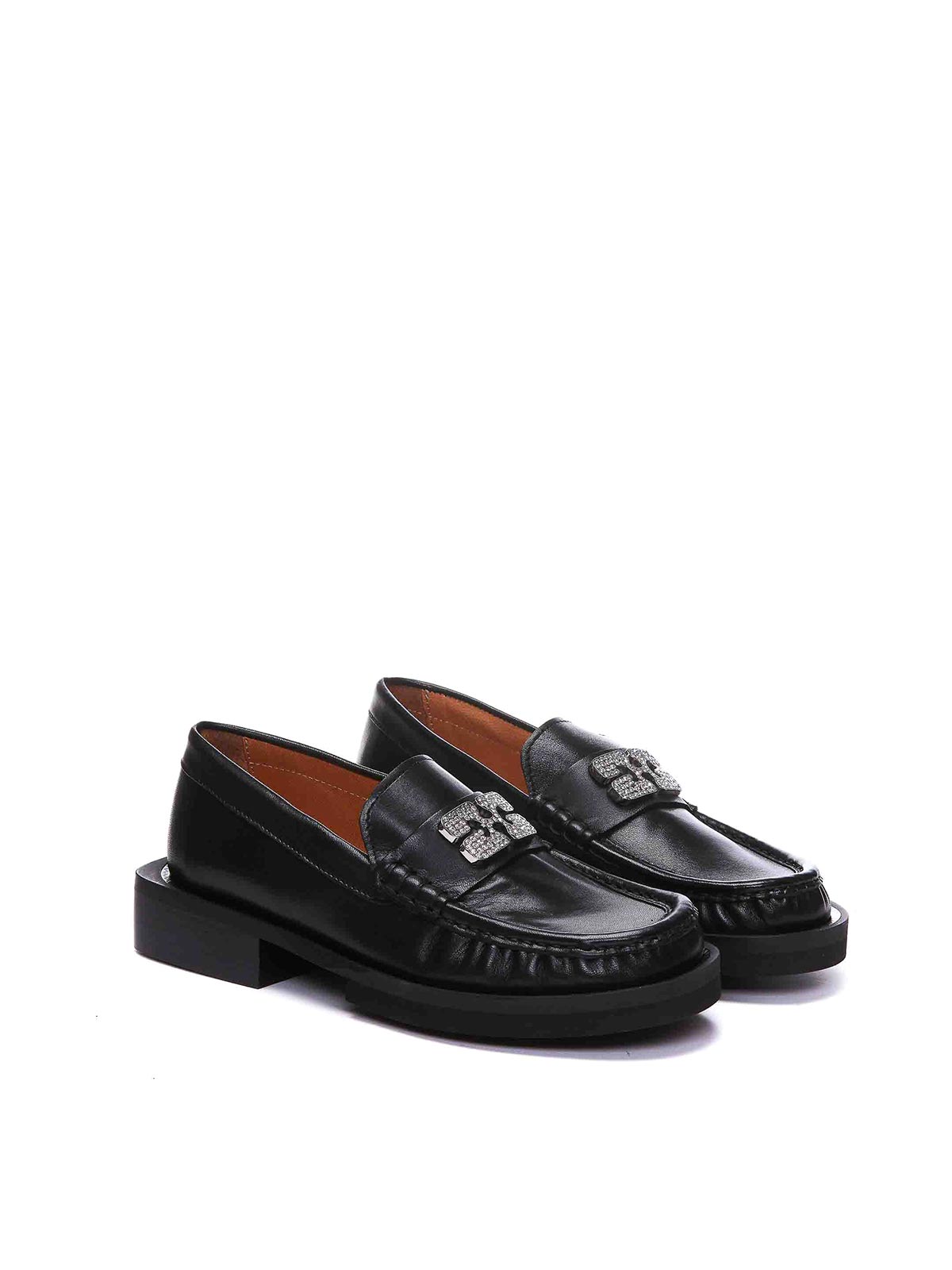 Shop Ganni Rhinestone Logo Loafers In Negro