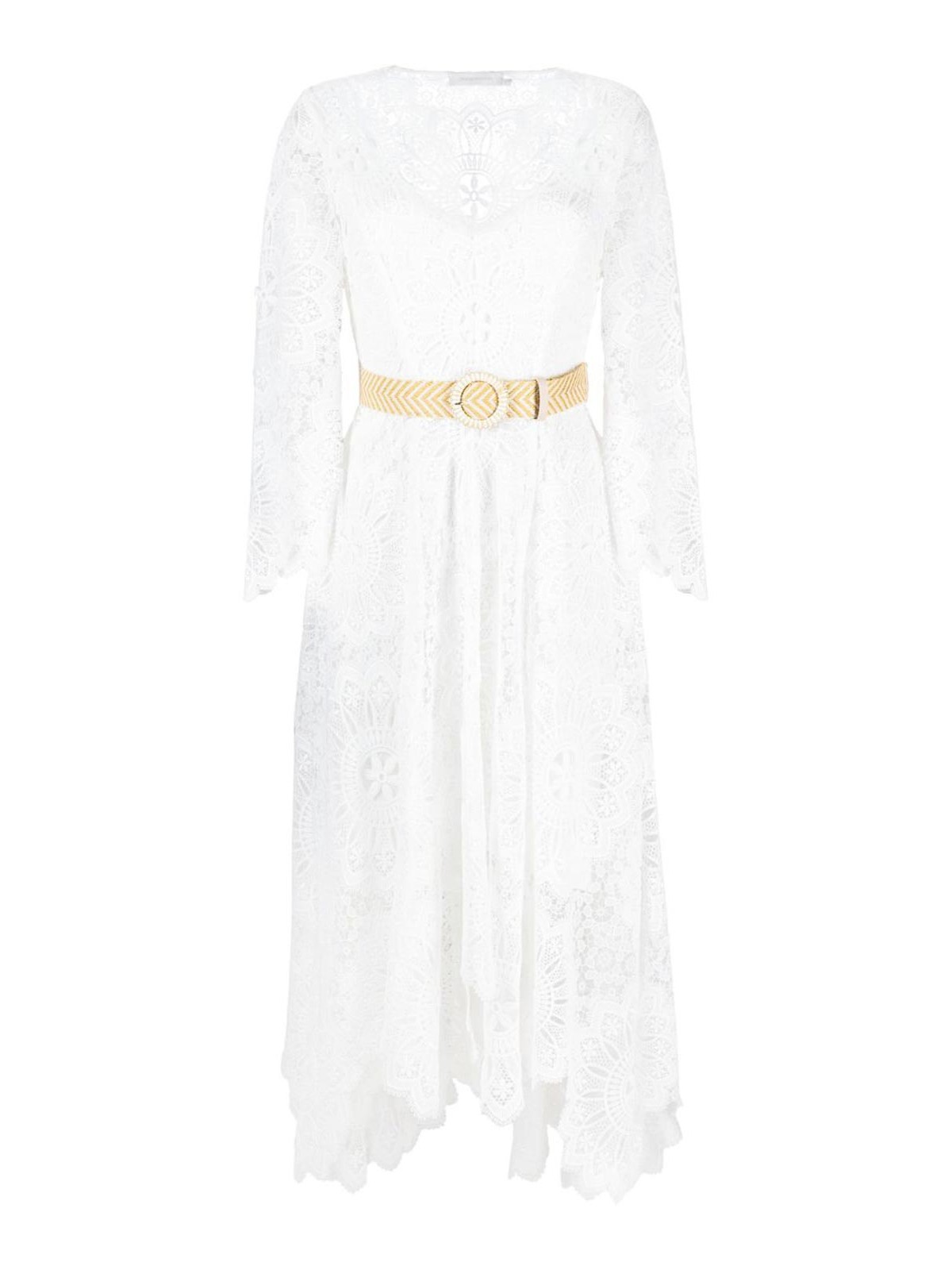 Zimmermann Chintz Doily Belted Asymmetric Guipure Lace Midi Dress In White
