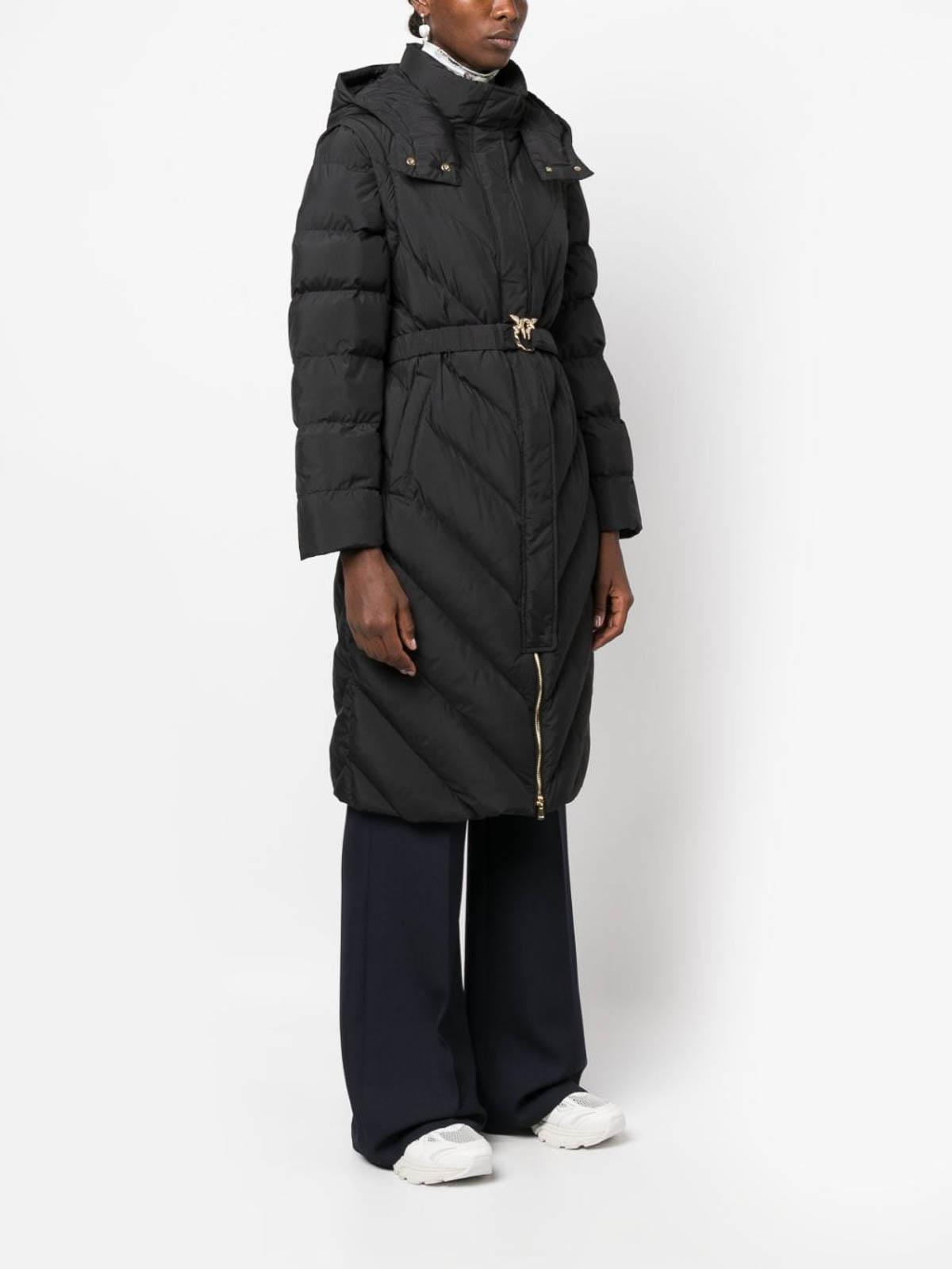 Shop Pinko Chevron-quilting Hooded Coat In Black