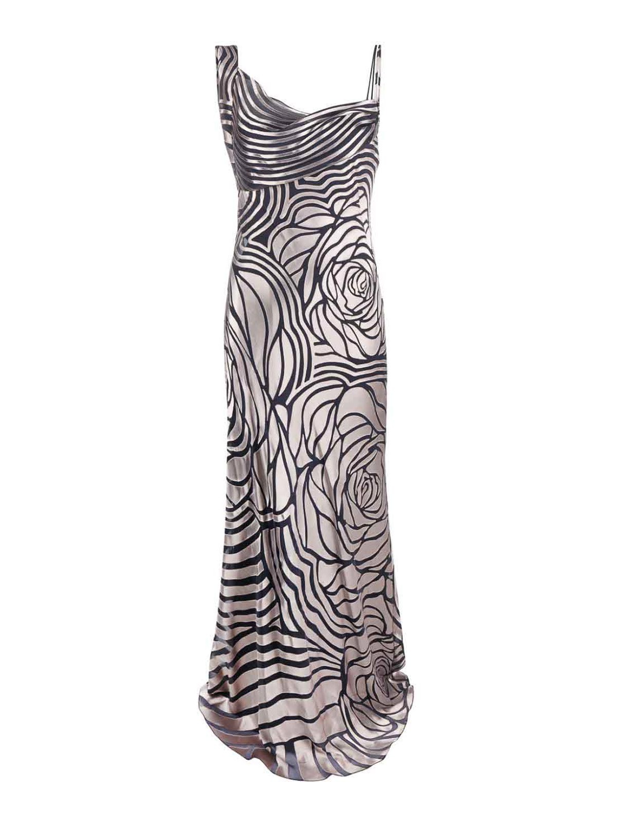 Alberta Ferretti Rose-print Asymmetric Sleeveless Gown In Beige