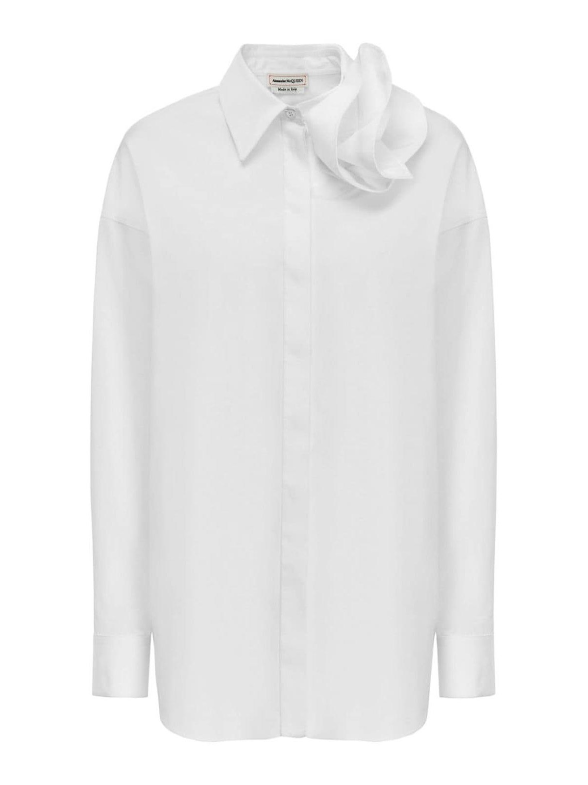 Shop Alexander Mcqueen Rose-applique Cotton Shirt, Curved Hem In White