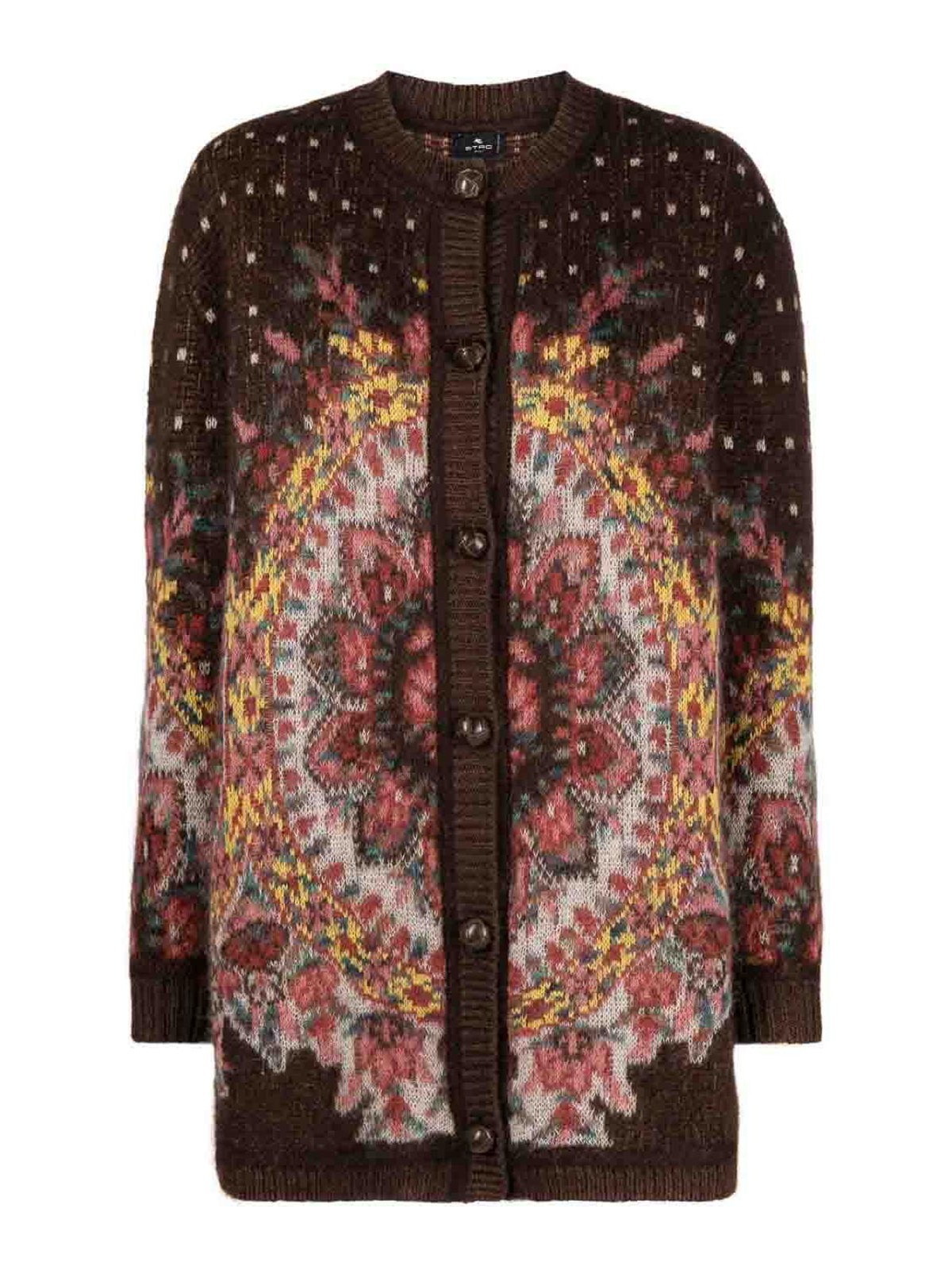 Shop Etro Patterned-jacquard Crew-neck Cardigan In Brown