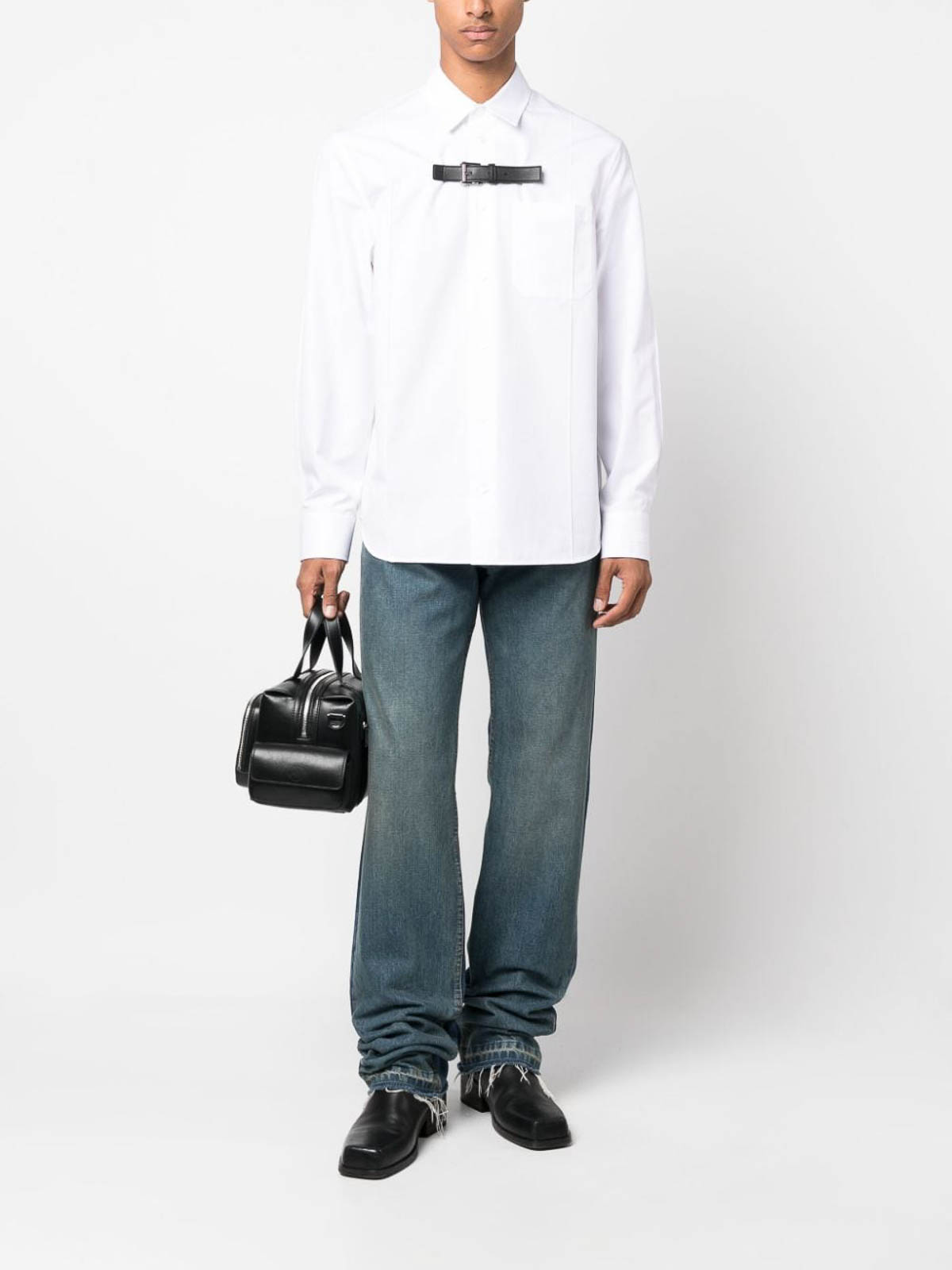 Shop Versace Buckle-detail Cotton Shirt In White