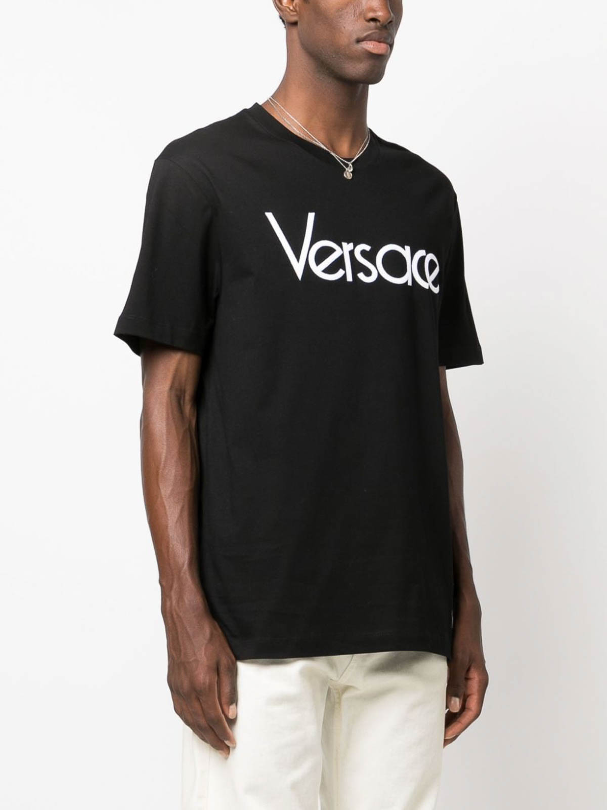 Shop Versace Logo-embroidered Cotton T-shirt In Black