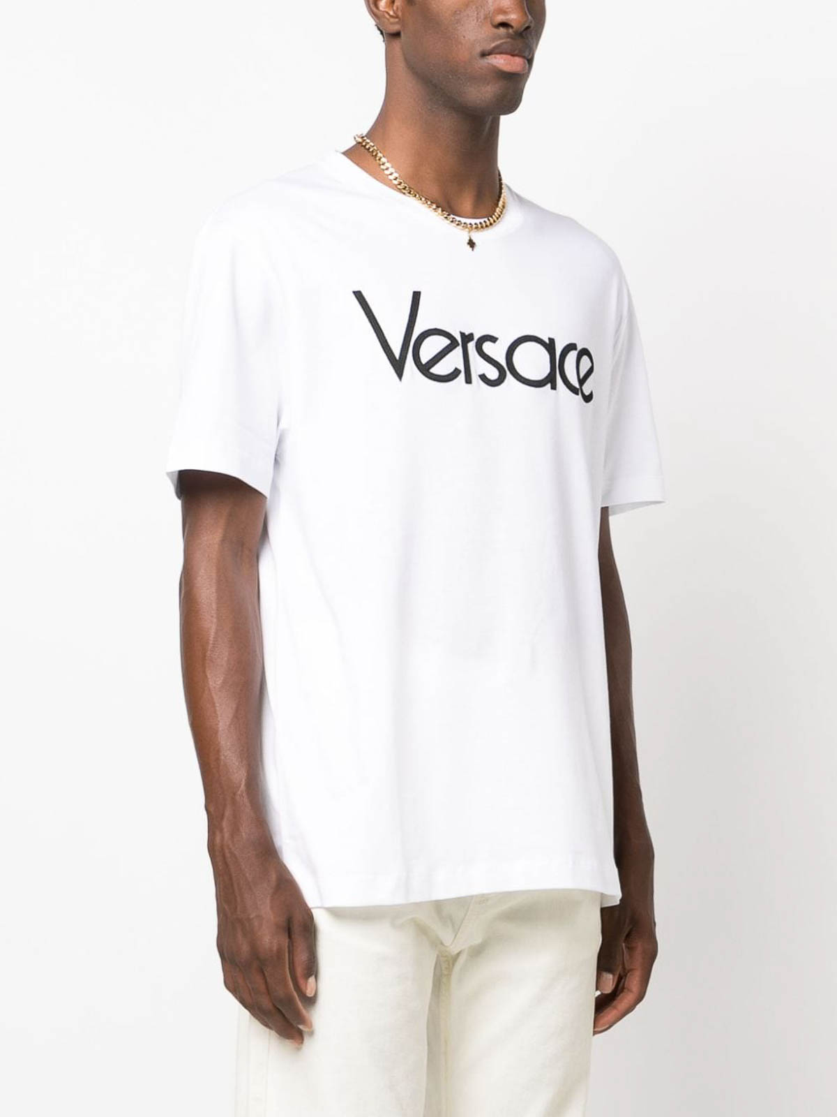 Shop Versace Logo-embroidered T-shirt In Blanco