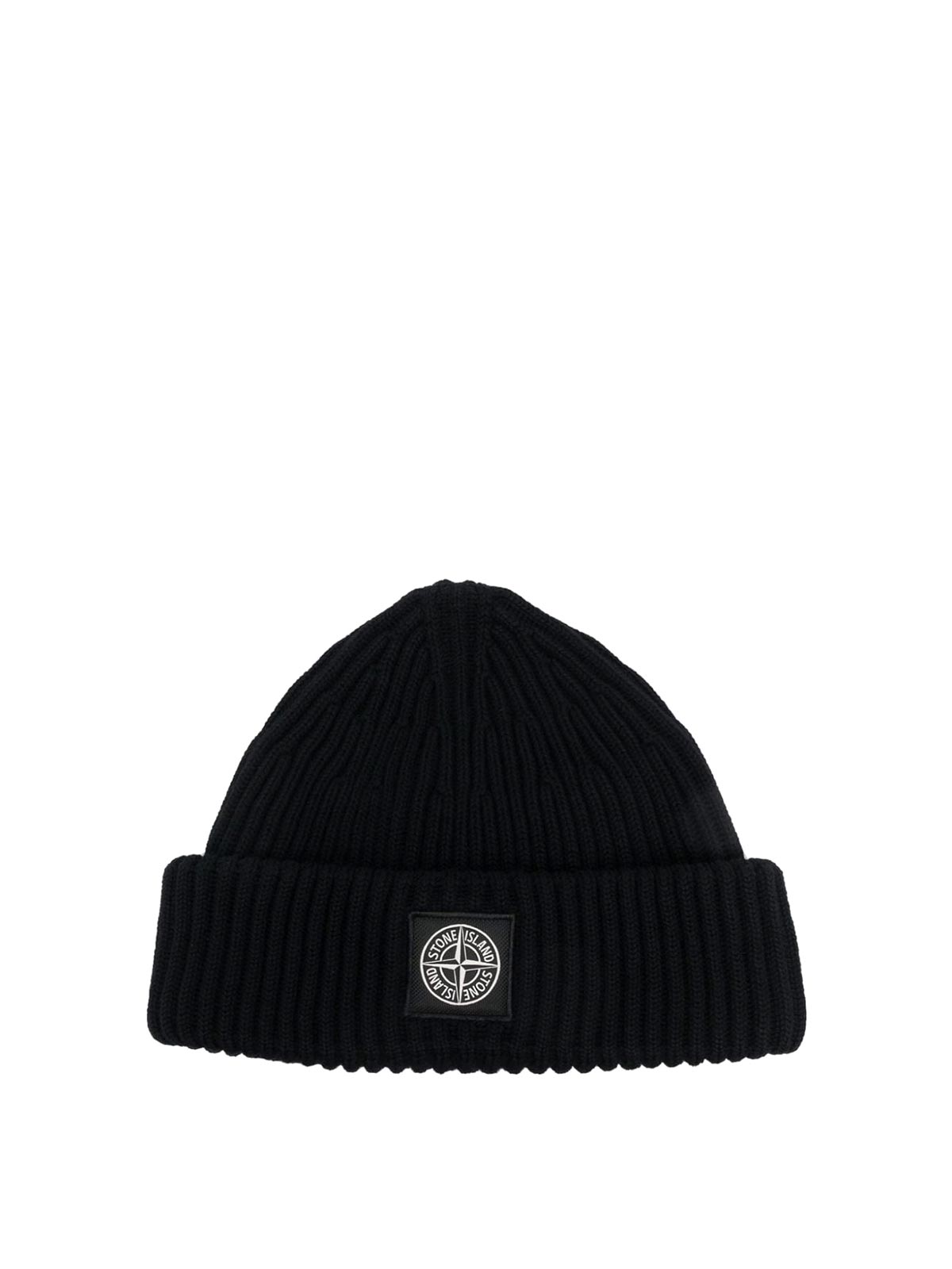 Stone Island Compass-patch Ribbed-knit Beanie In Black
