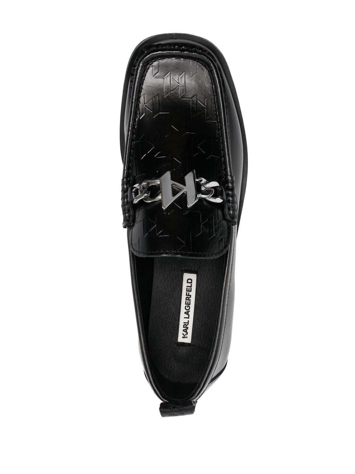 Shop Karl Lagerfeld Black Calf Leather Monogram-plaque Loafers.