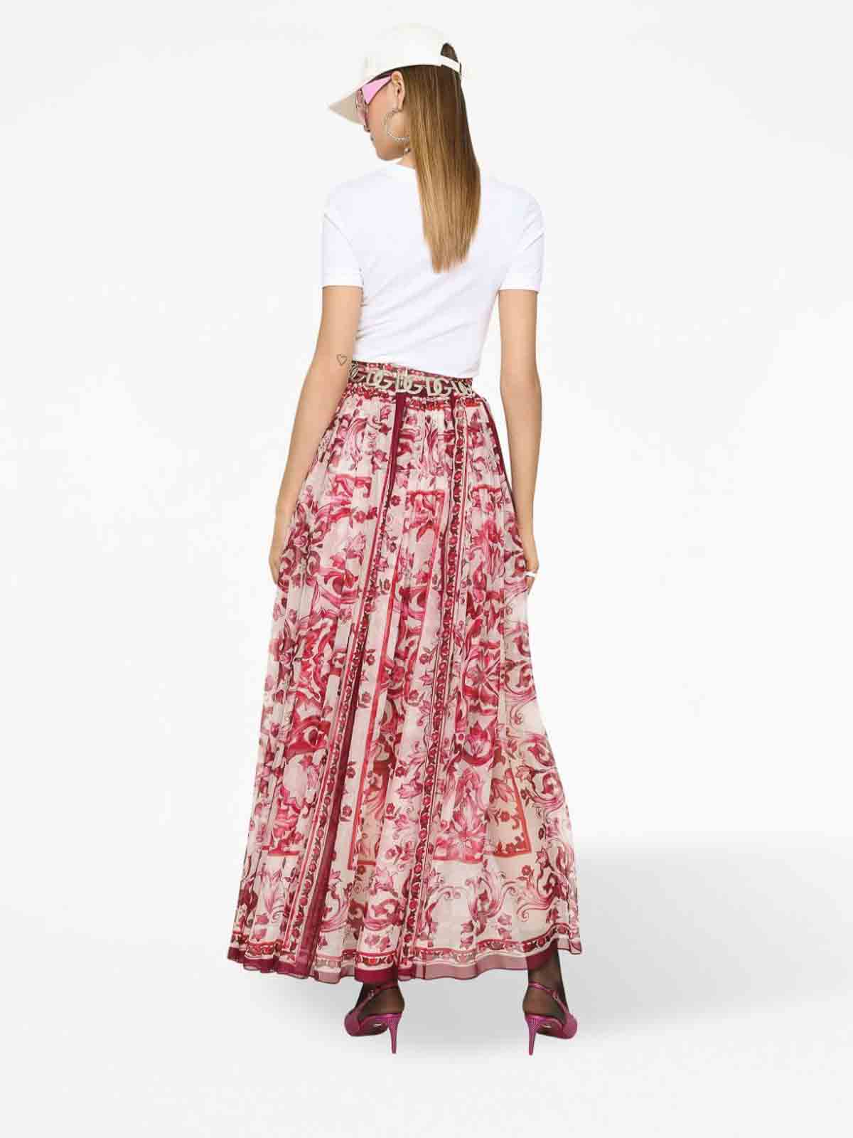 Shop Dolce & Gabbana Long Chiffon Majolica Print Skirt In Fuchsia