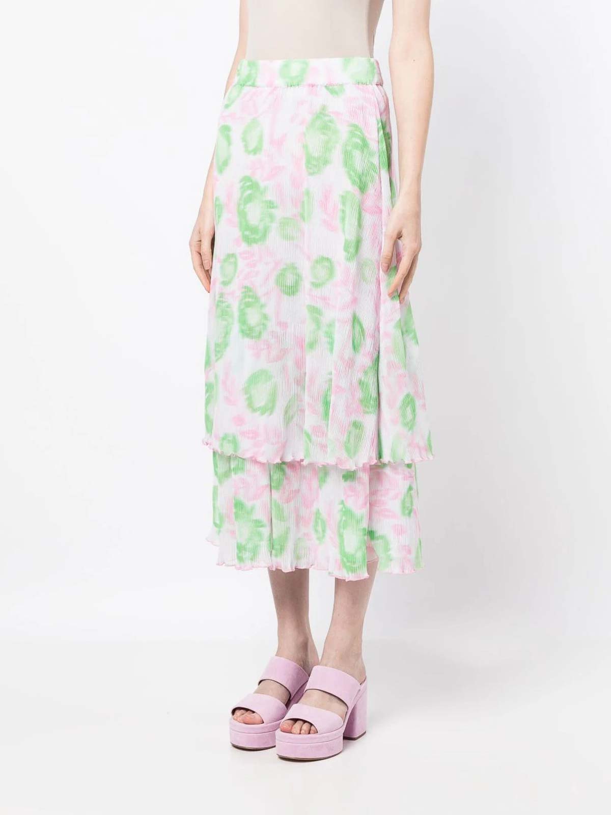 Shop Ganni Floral-print Layered Midi Skirt In Multicolour