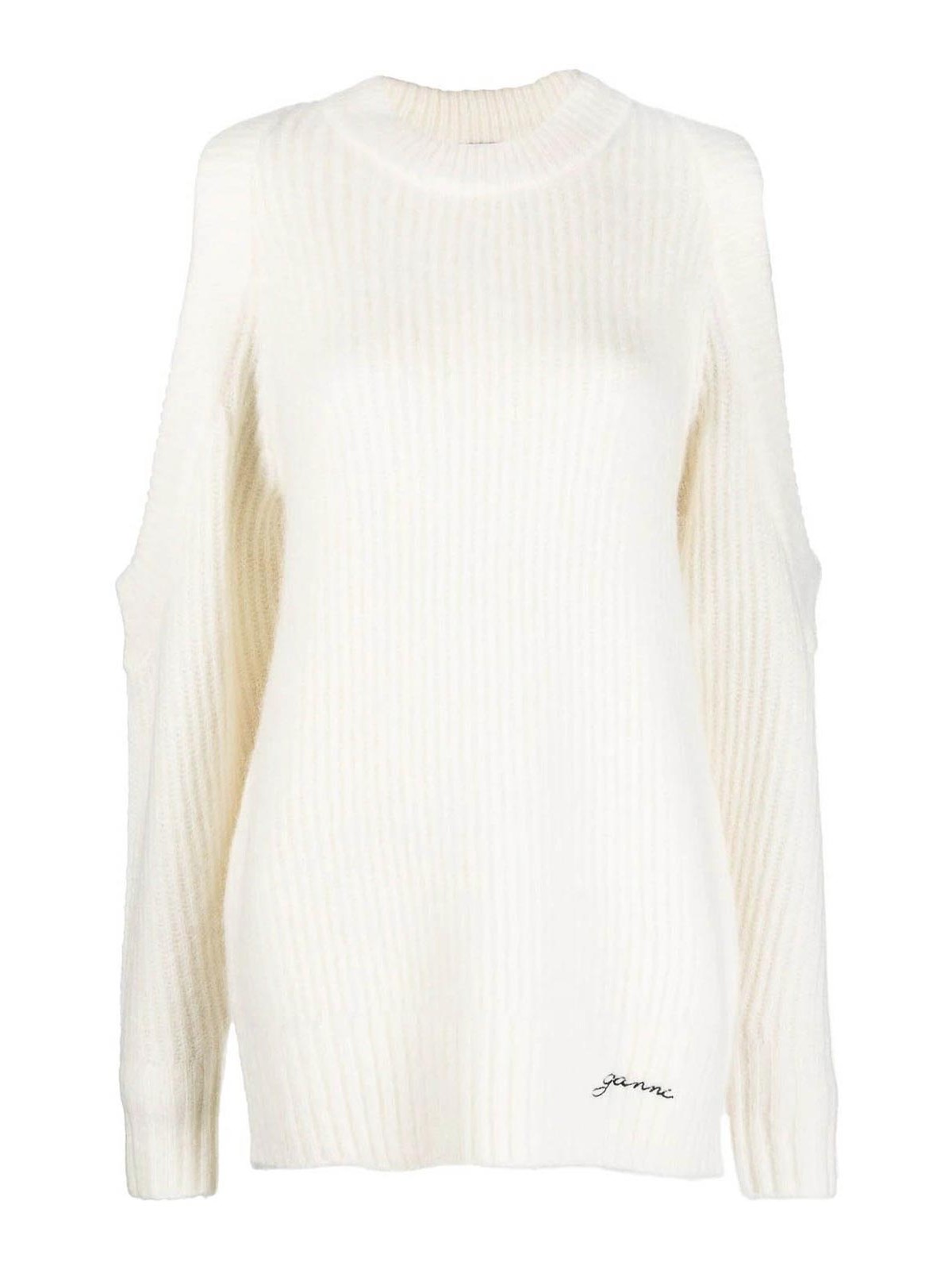 Ganni Chunky Soft Wool Open Shoulder Pullover In White