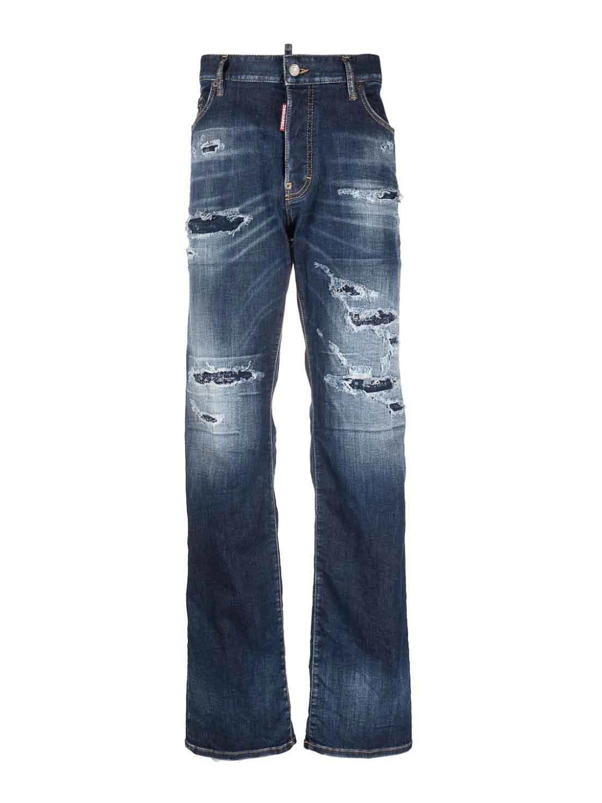 Dsquared² Blue Washed Tattered Straight Fit Casual Denim Jeans