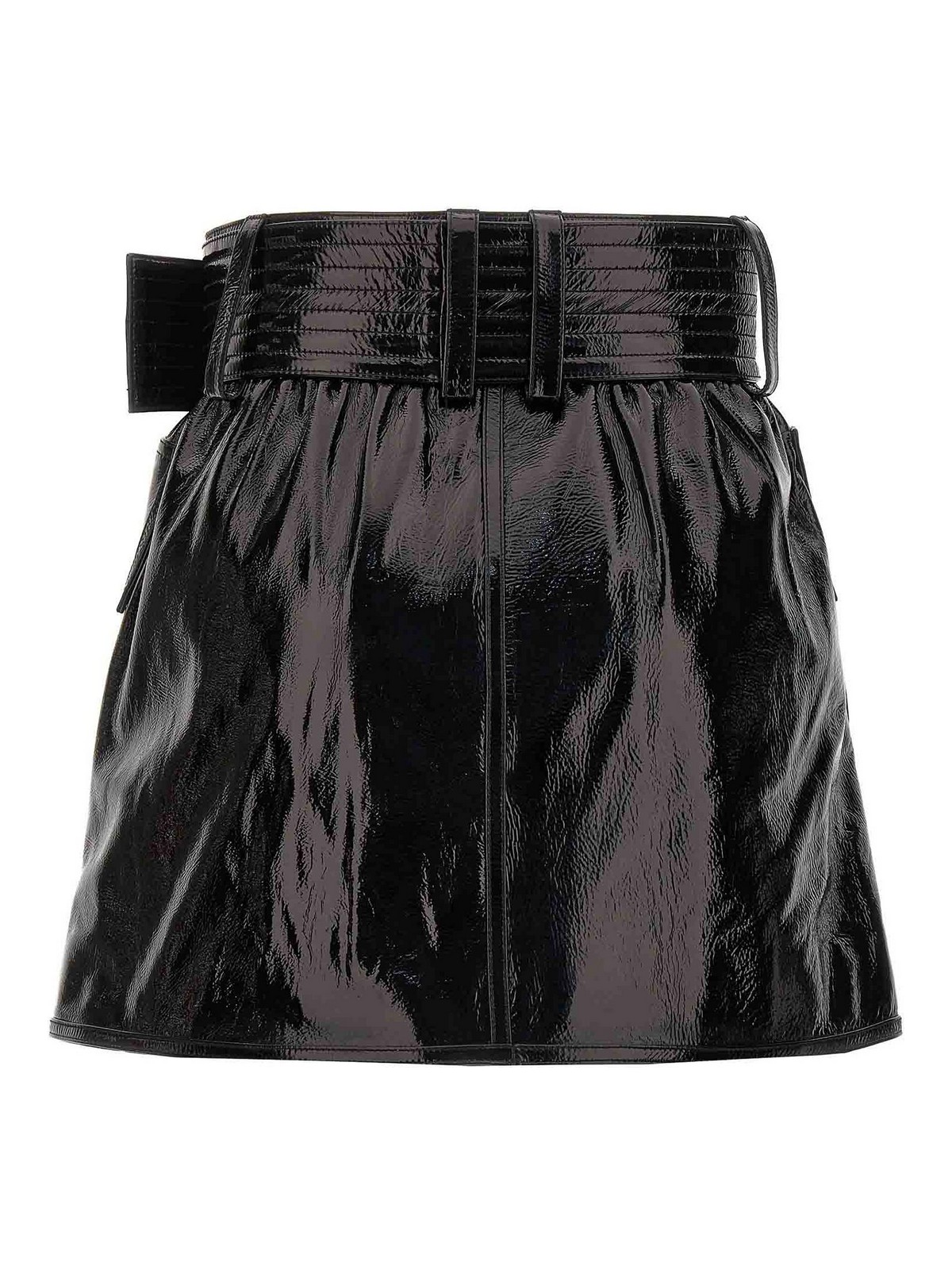 Shop Balmain Belt-up Shiny Leather Skirt In Black