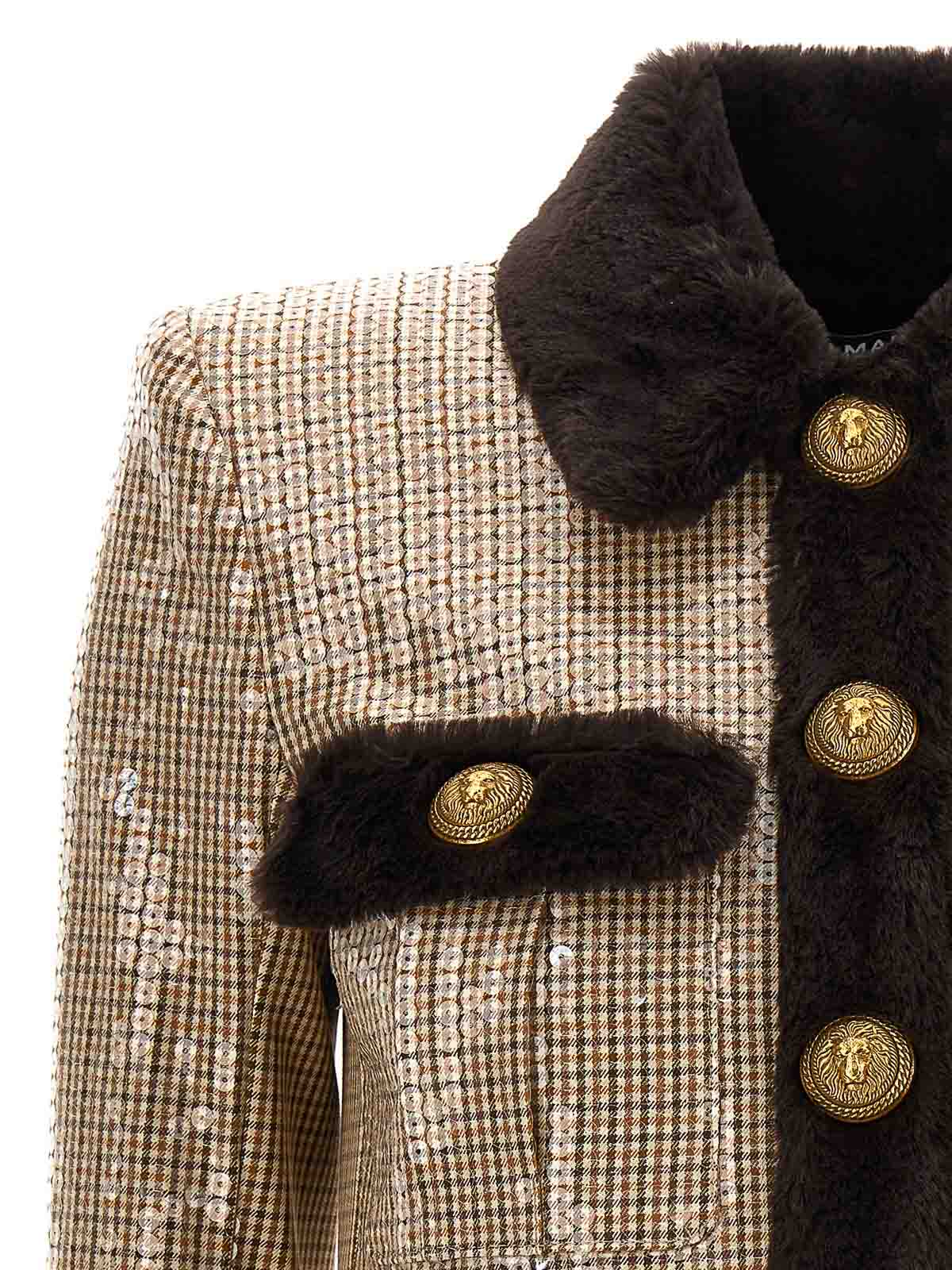 Shop Balmain Faux Fur Sequin Jacket In Multicolour