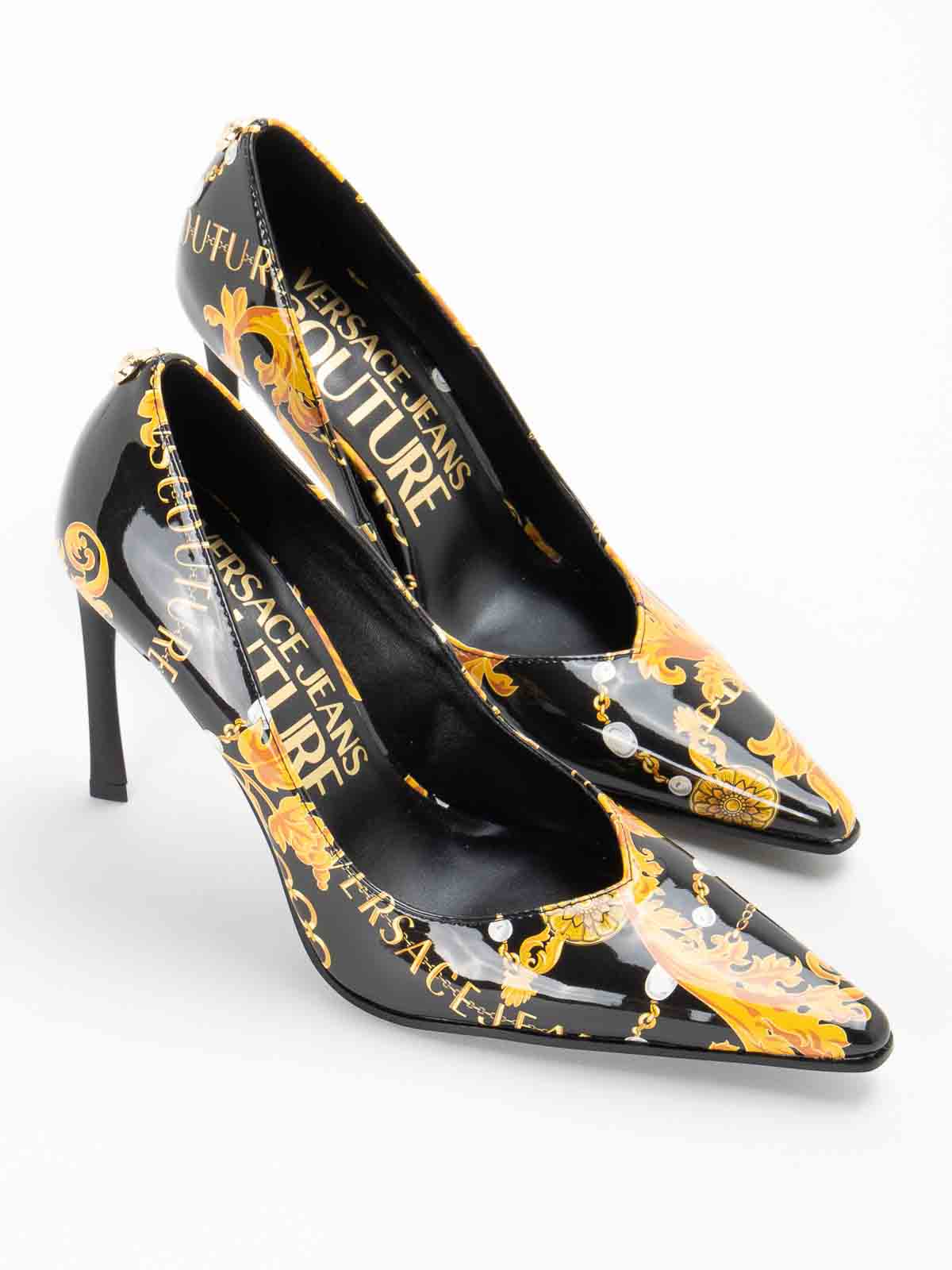 Versace Women's Shiny Golden Stones High Heels Shoes Patent Leather Black  Sz 39 | eBay