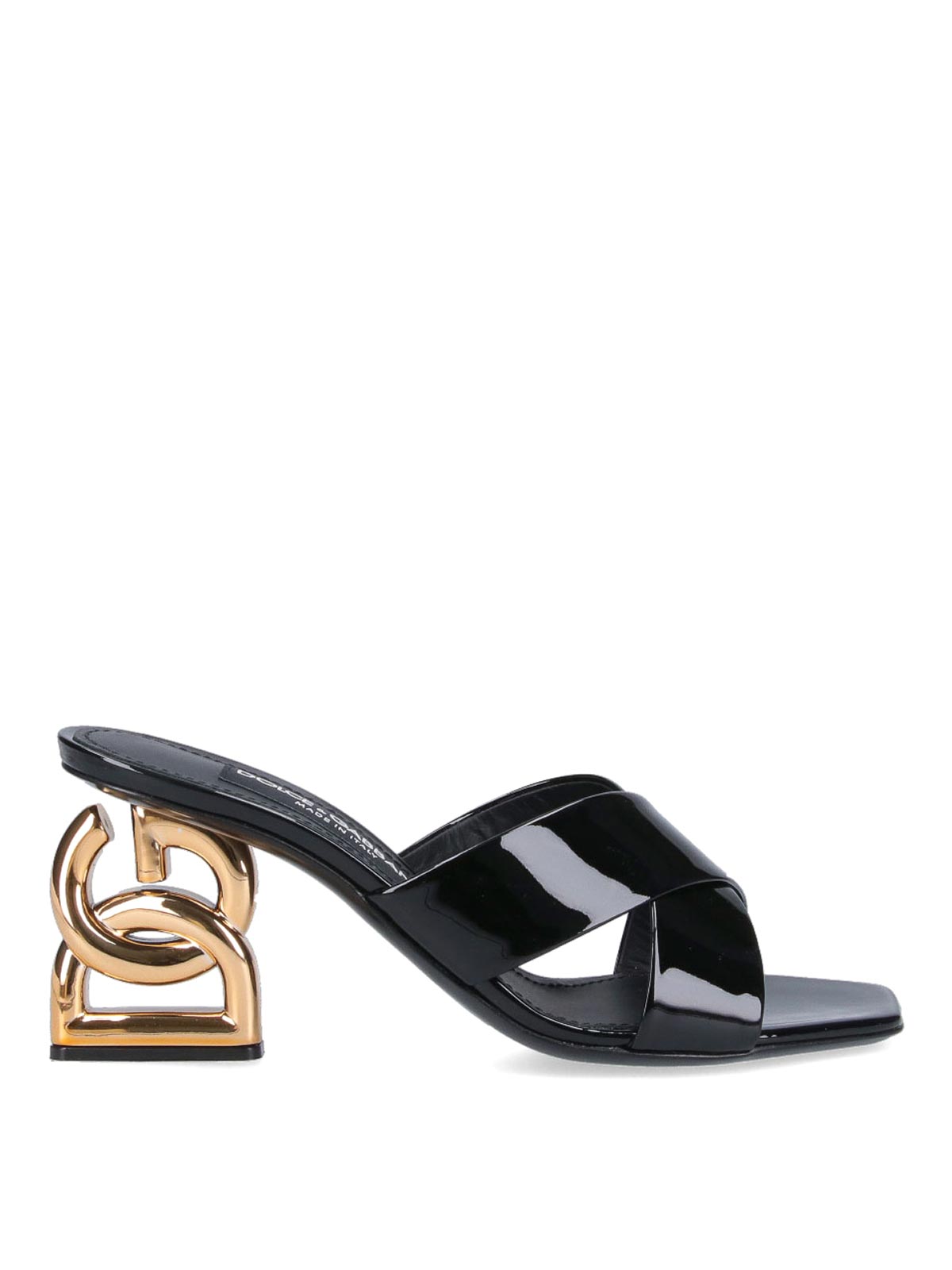 Dolce & Gabbana 75 Patent Leather Dg Heel Mules In Black