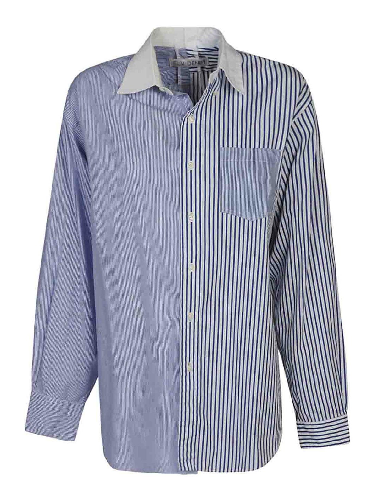 Shop E.l.v Denim Contrast Striped Cotton Shirt In Blue