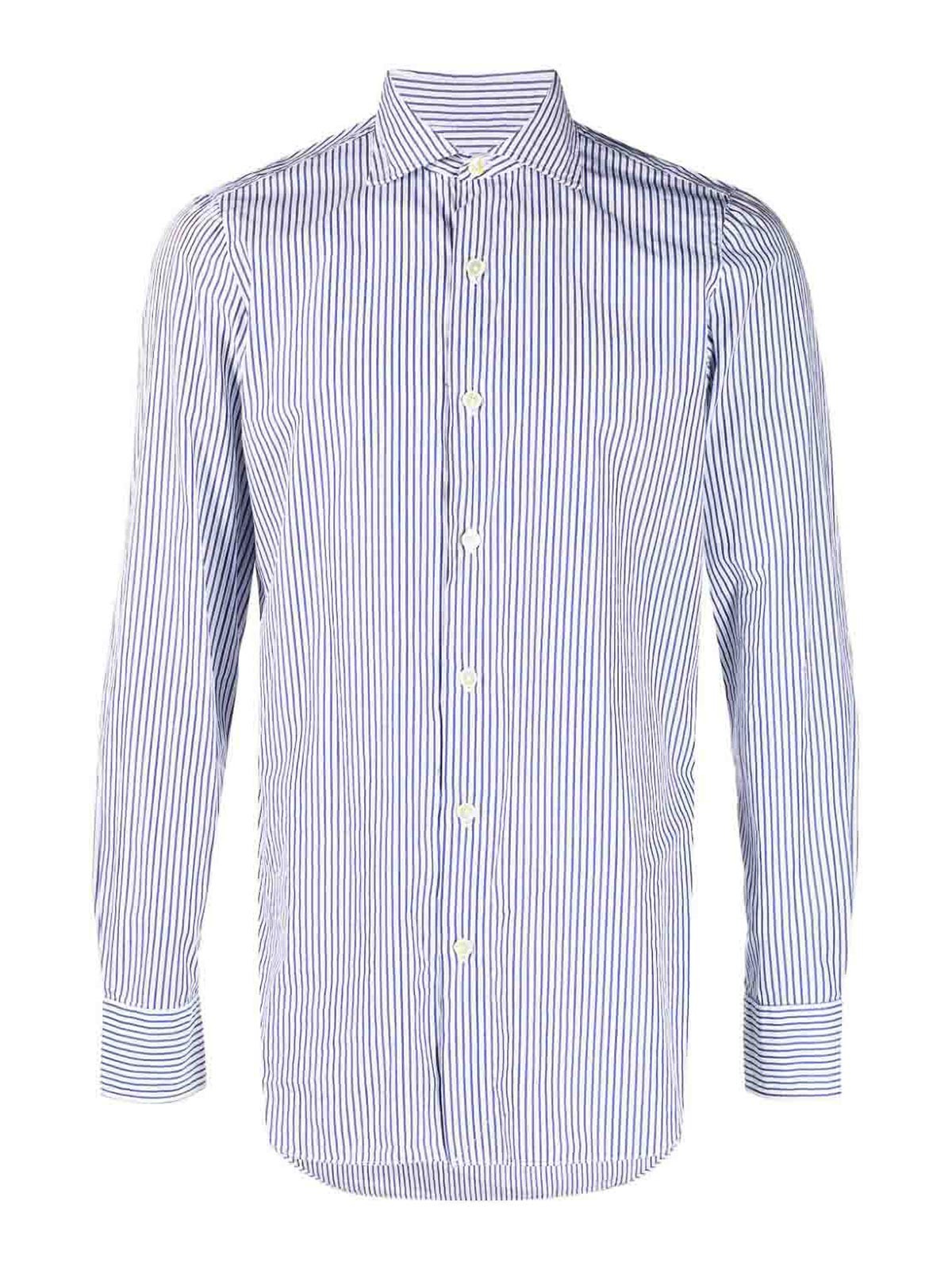 Shop Finamore 1925 Striped Cotton Shirt In Blue