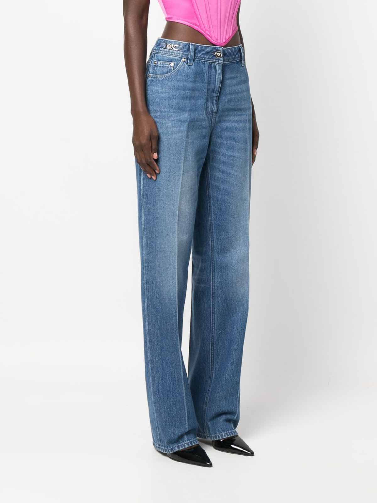 Shop Versace Straight Leg Denim Jeans In Blue