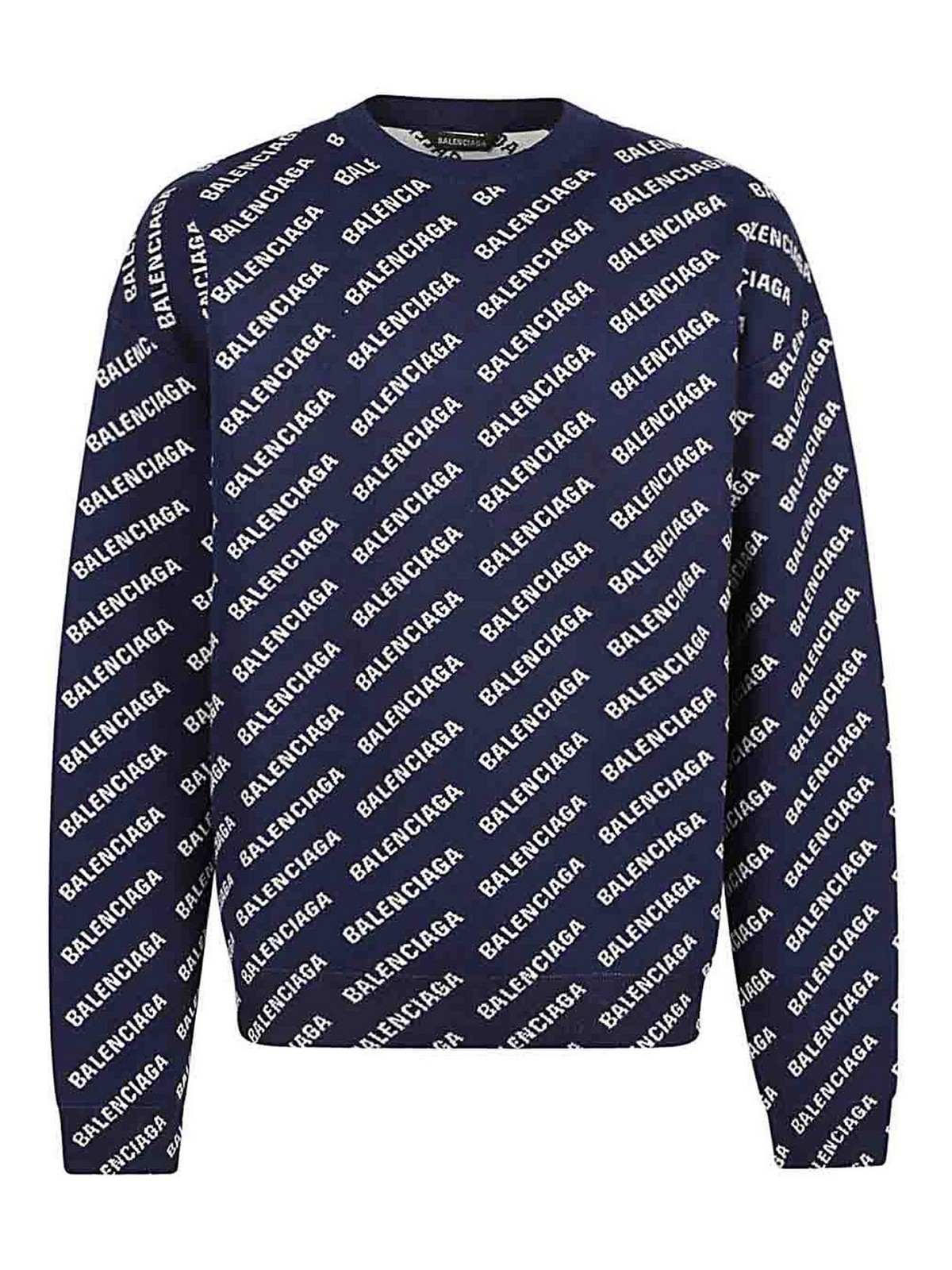 Shop Balenciaga Allover Logo Cotton Crewneck Sweater In Azul