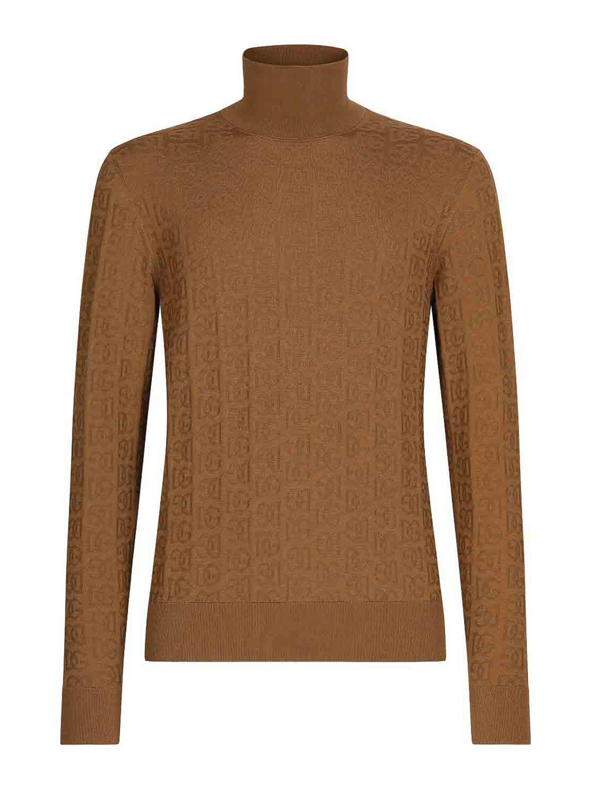 Dolce & Gabbana Silk Jacquard Turtleneck Sweater With Dg Logo In Camel
