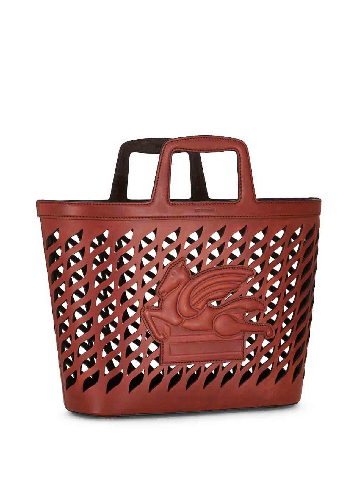Shop Etro Perforated Leather Shopping Bag In Brown