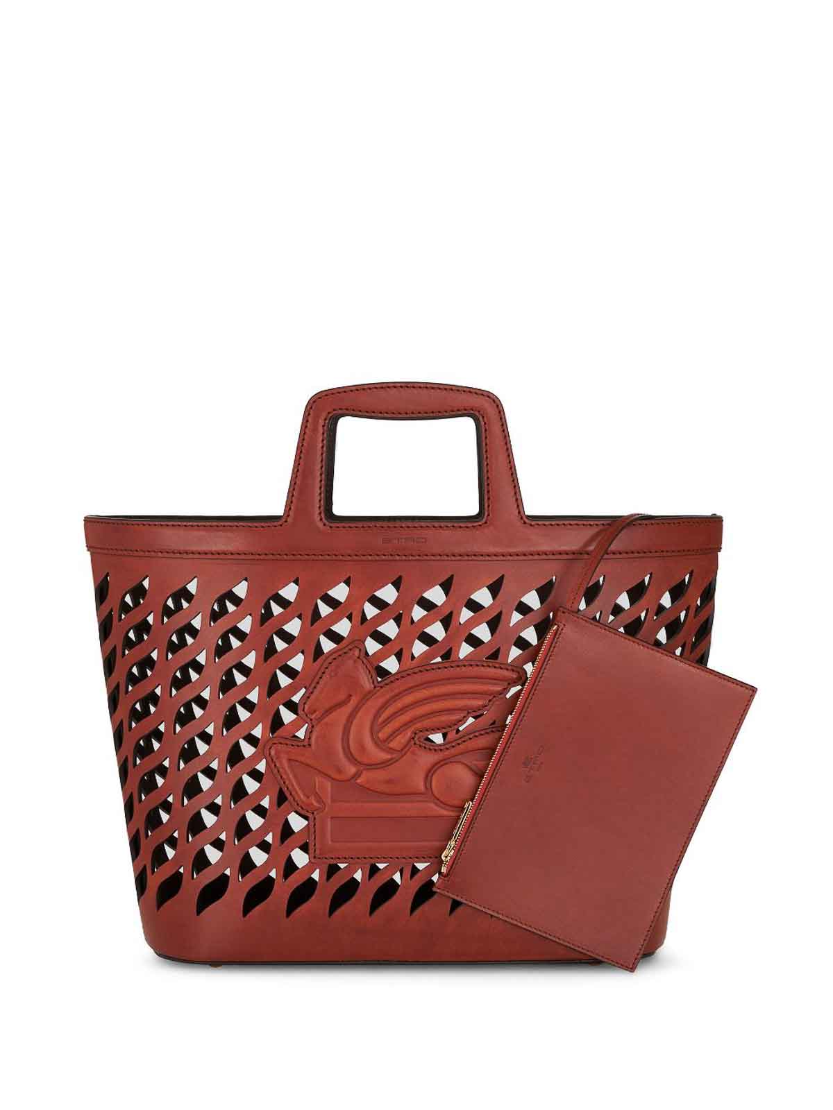 Shop Etro Perforated Leather Shopping Bag In Brown
