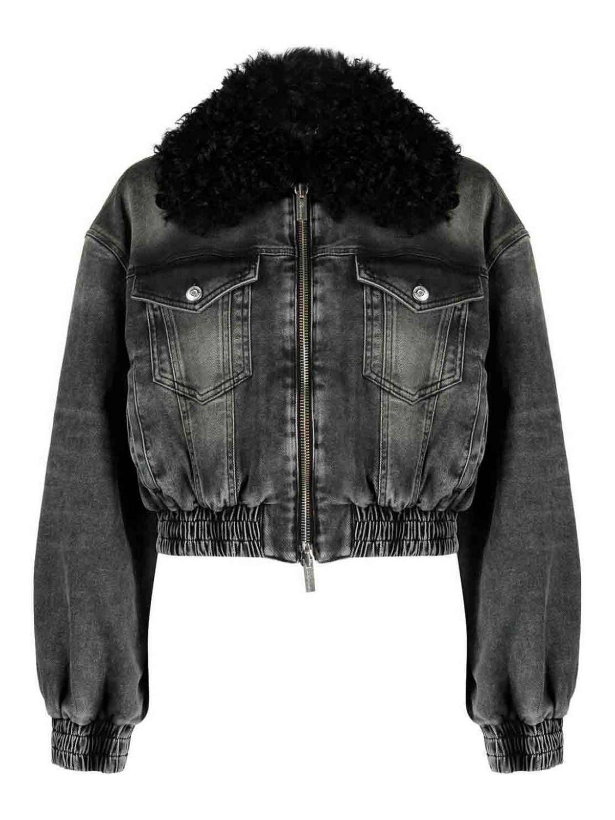 Blumarine Black Jacket With Faux Fur Collar And Logo Embroidery In Stretch Cotton Denim Woman In Grey