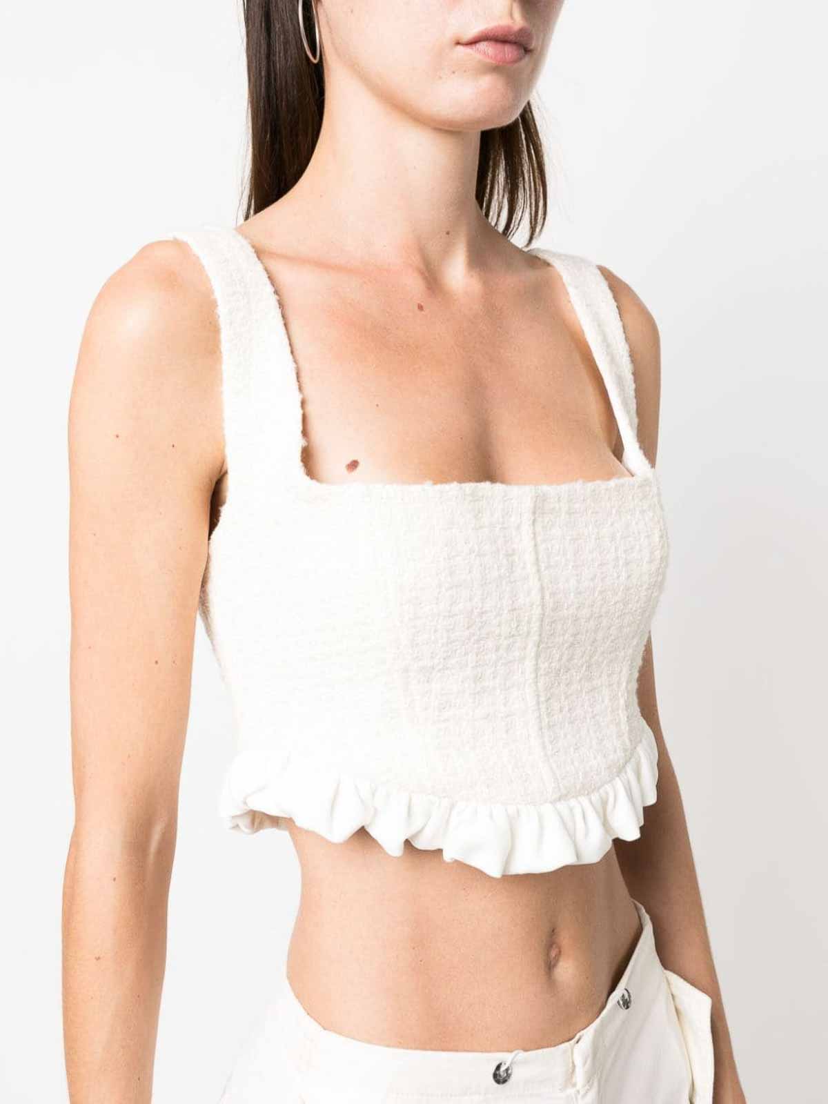 Pinko Cropped Ruffled Tweed Top - White - Women | 102201A1B8Z00