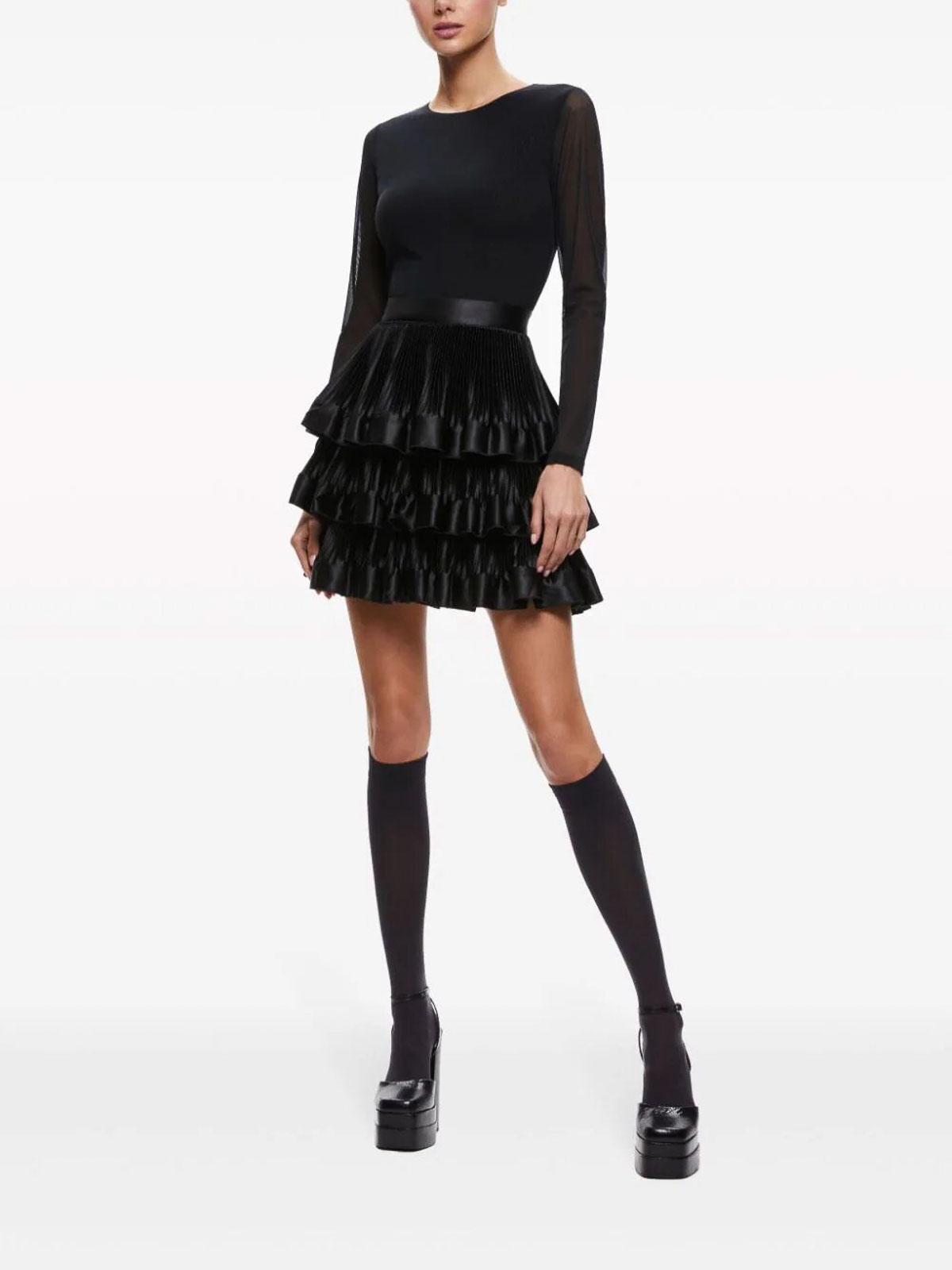 Shop Alice And Olivia Chara Tiered Ruffle Mini Dress In Negro
