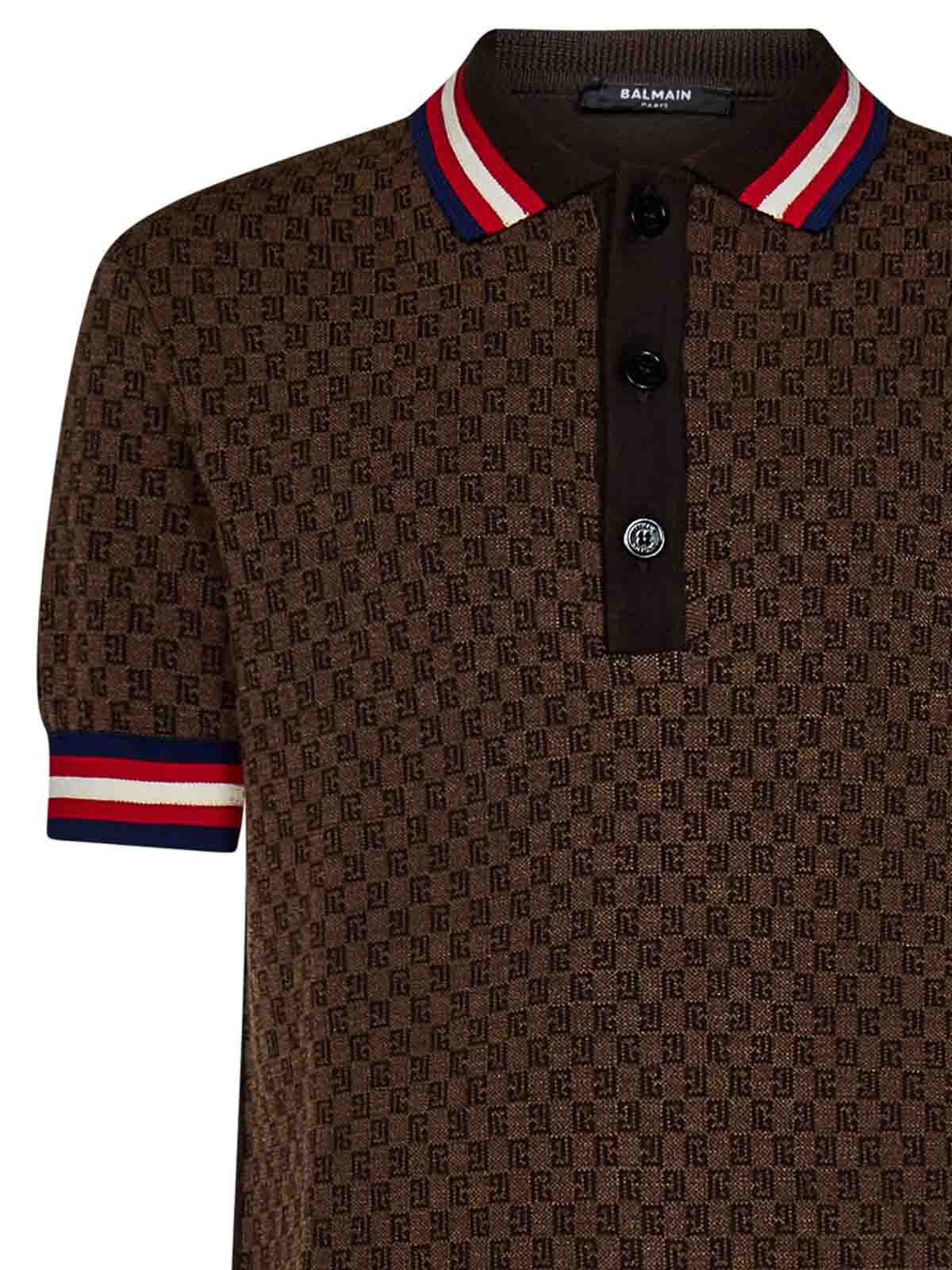Shop Balmain Jacquard Polo Shirt In Brown