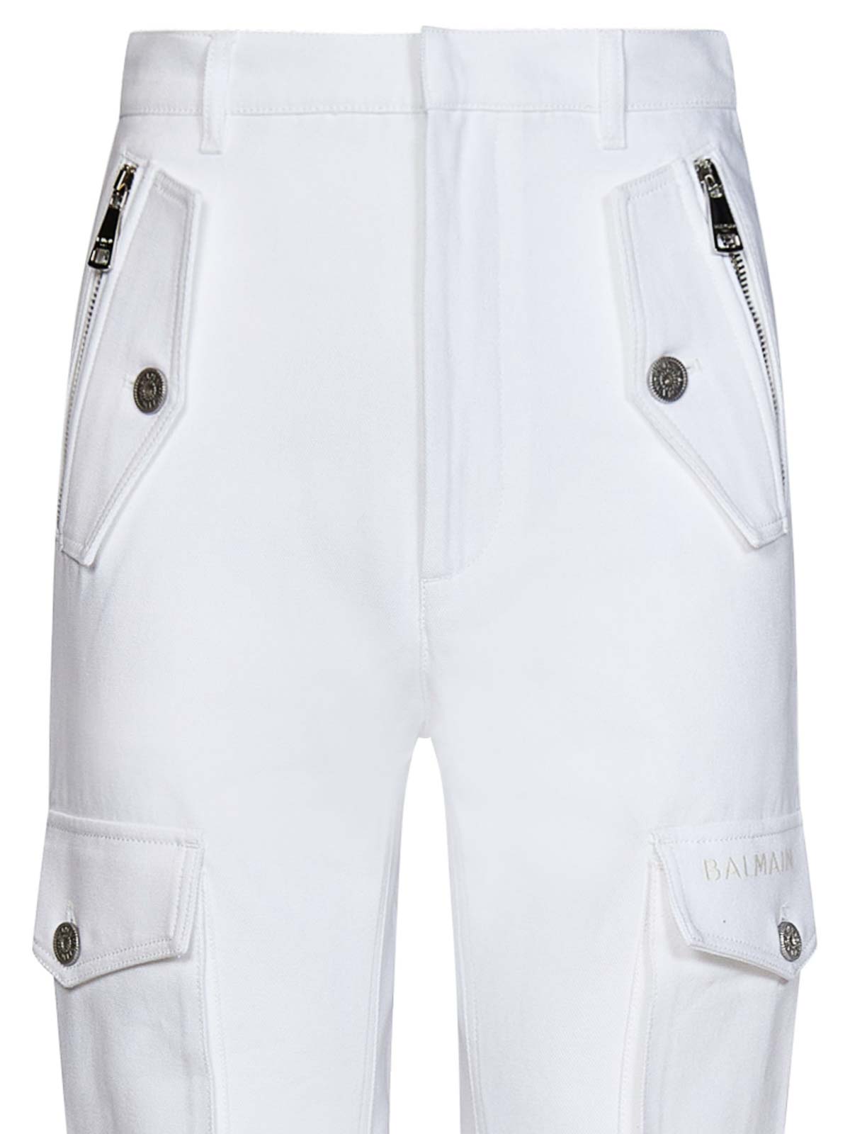 Shop Balmain White Cargo Pants With Silver Logo Plate